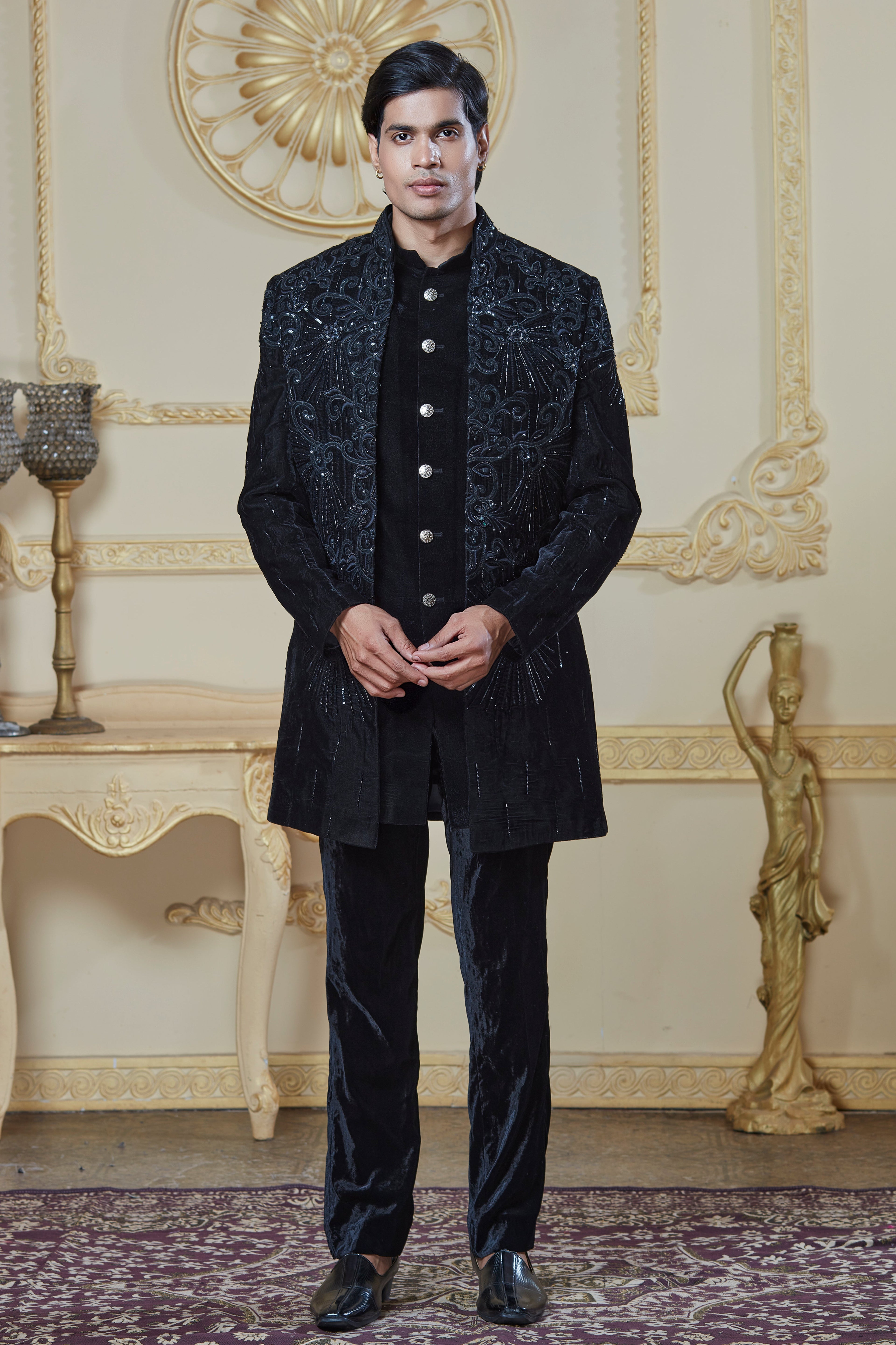 Black Velvet Embroidered Indowestern Set With Open Jacket And Bandi