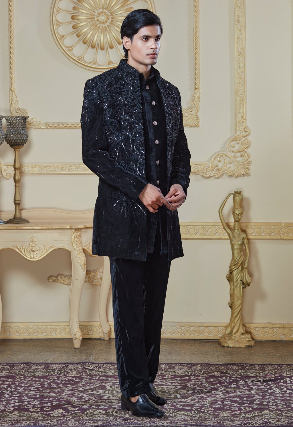 Black Velvet Embroidered Indowestern Set With Open Jacket And Bandi