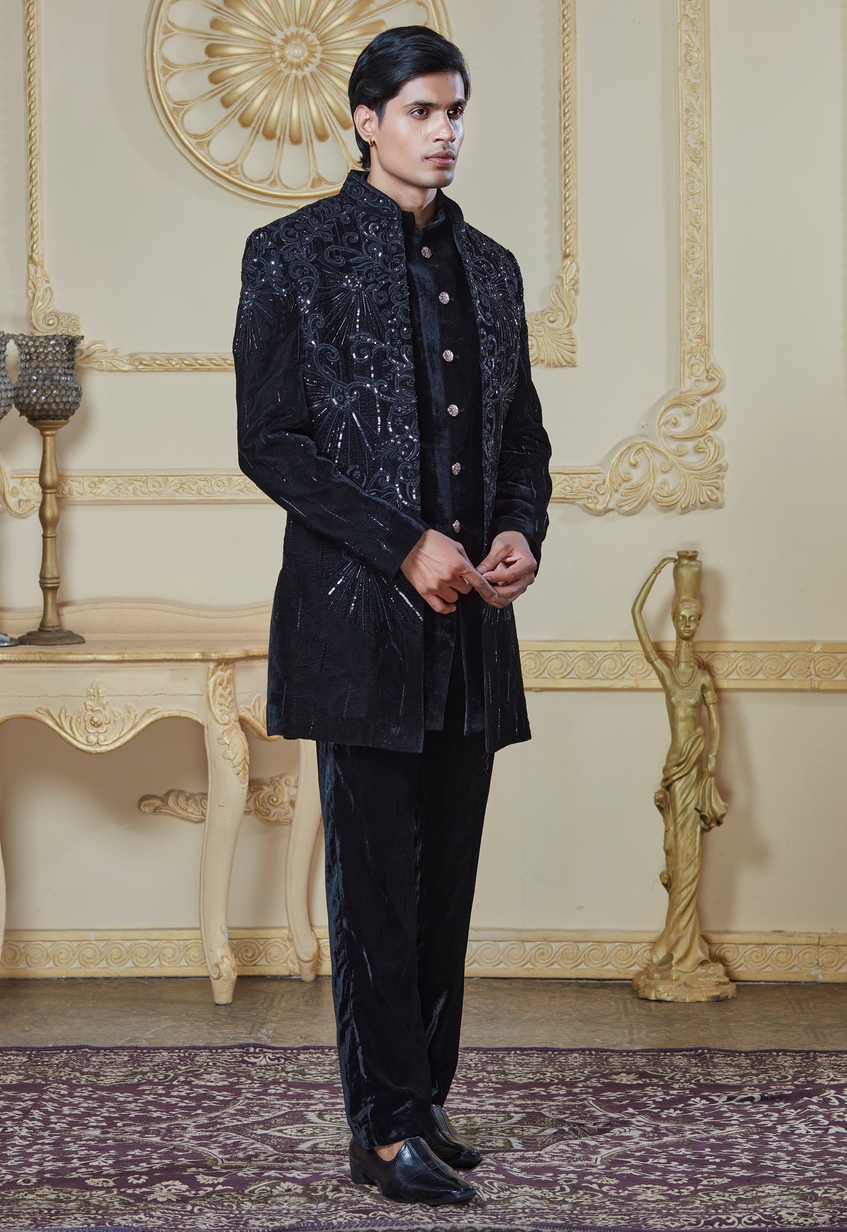 Black Velvet Embroidered Indowestern Set With Open Jacket And Bandi