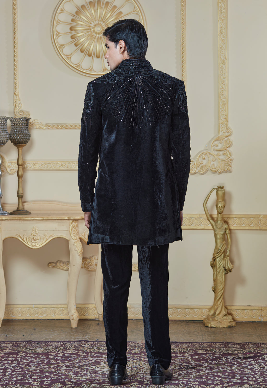 Black Velvet Embroidered Indowestern Set With Open Jacket And Bandi