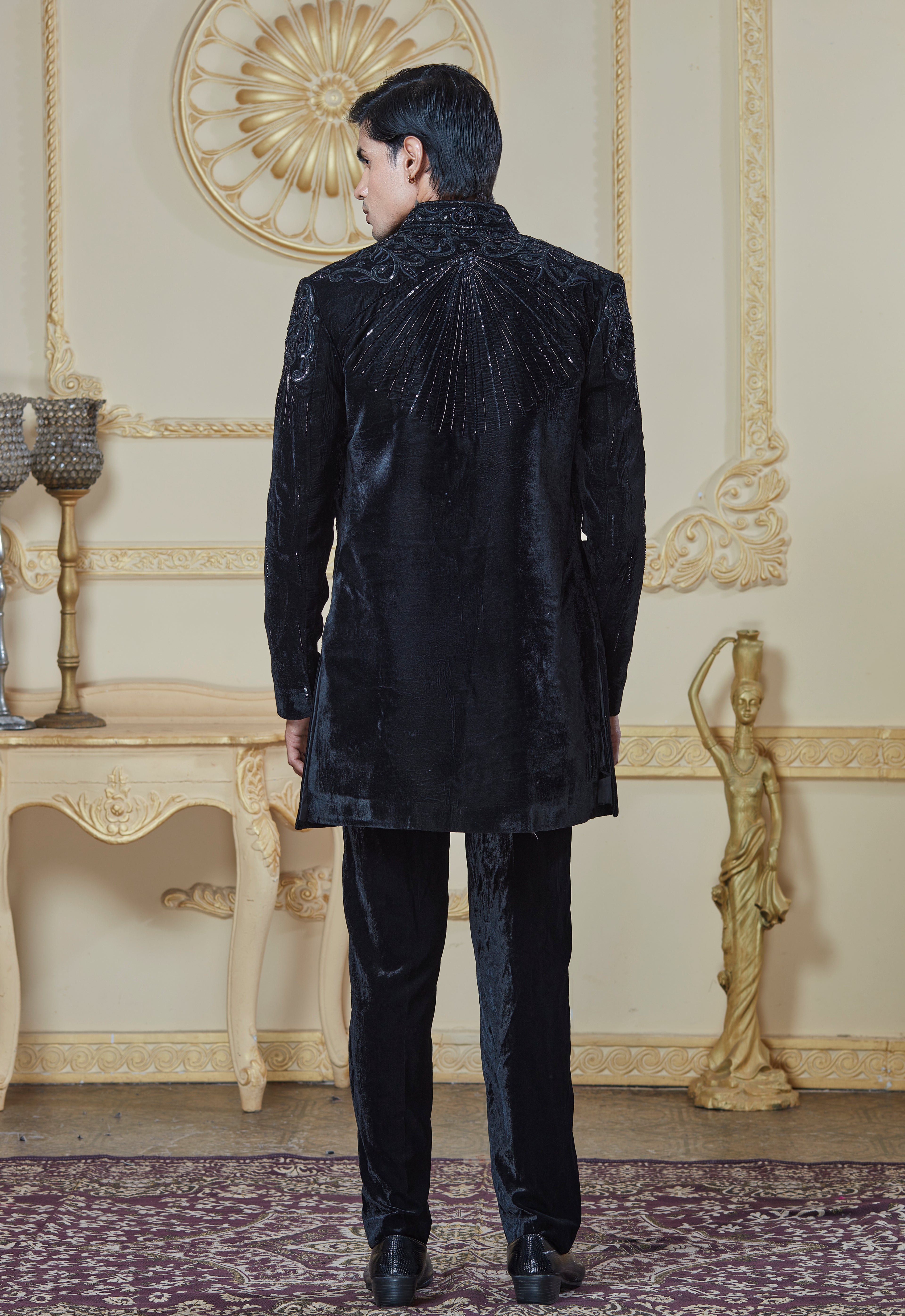 Black Velvet Embroidered Indowestern Set With Open Jacket And Bandi