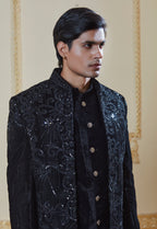Black Velvet Embroidered Indowestern Set With Open Jacket And Bandi