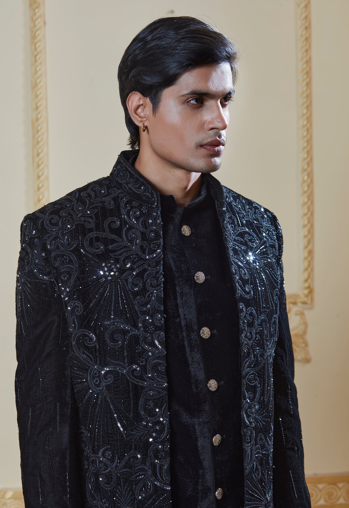 Black Velvet Embroidered Indowestern Set With Open Jacket And Bandi