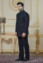 Black Embroidered Silk Closed Indo Western And Pant