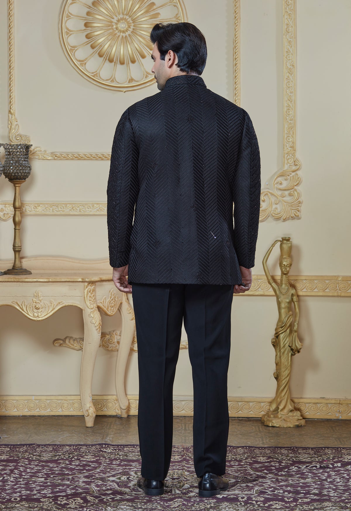 Black Embroidered Silk Closed Indo Western And Pant