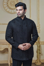 Black Embroidered Silk Closed Indo Western And Pant