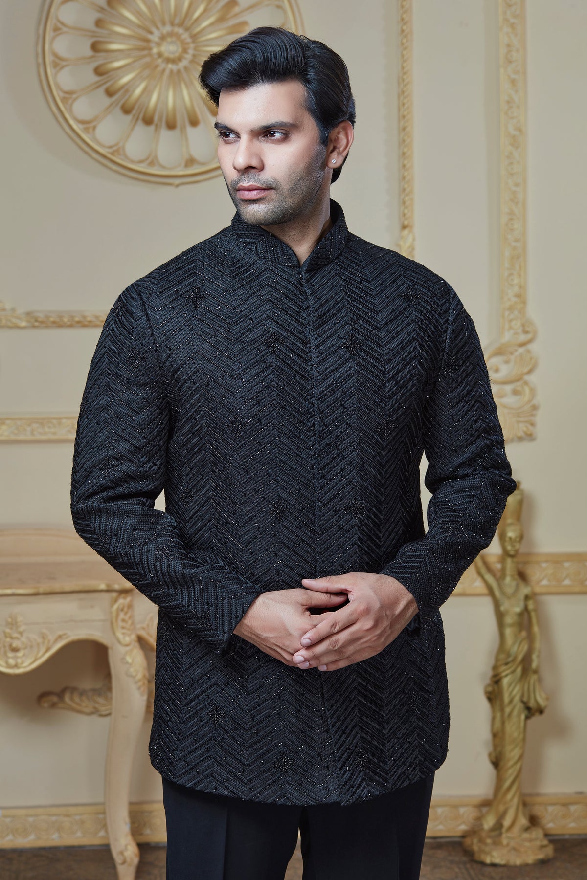 Black Embroidered Silk Closed Indo Western And Pant