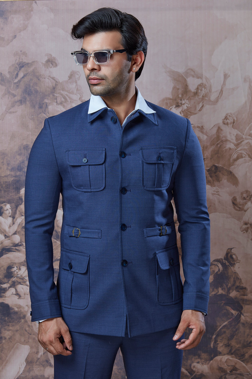 Blue Safari Jacket And Pant Set