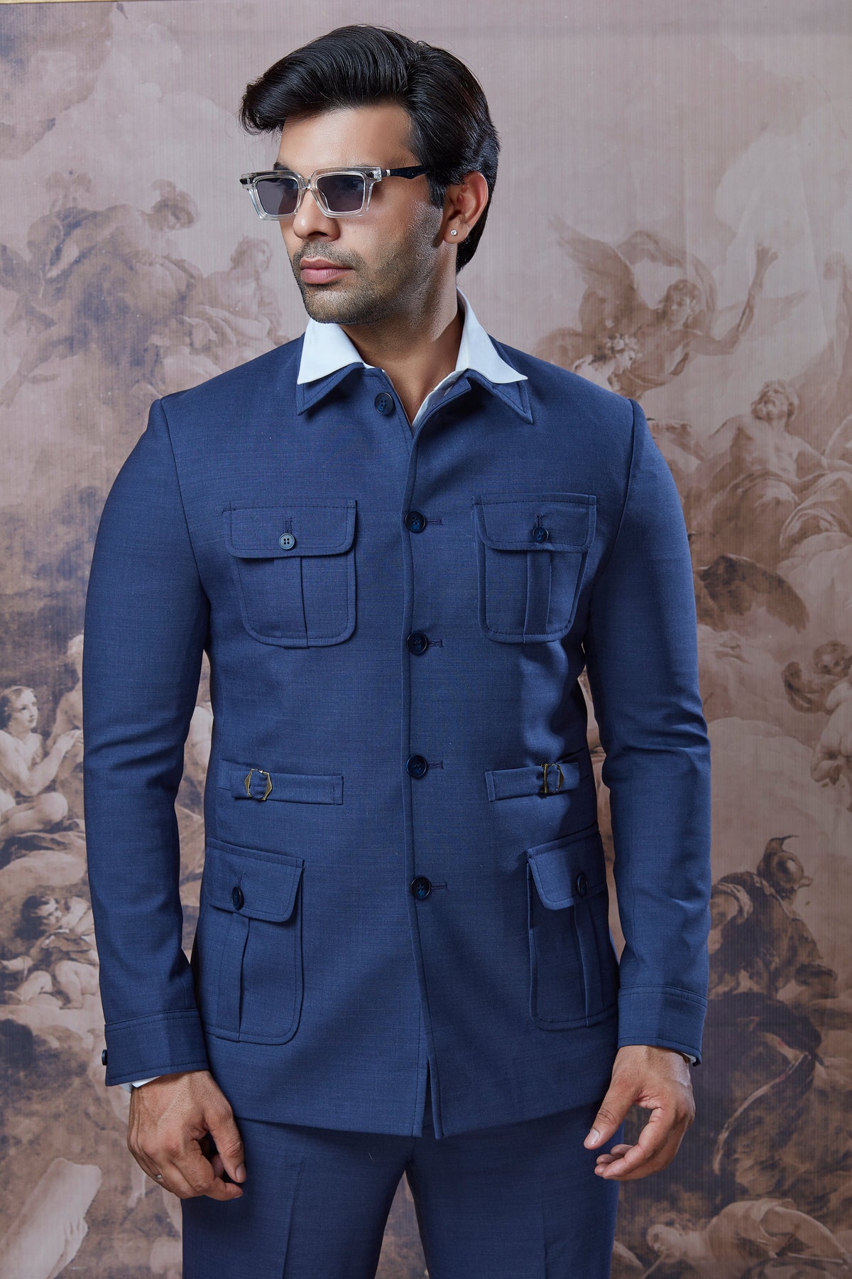 Blue Safari Jacket And Pant Set