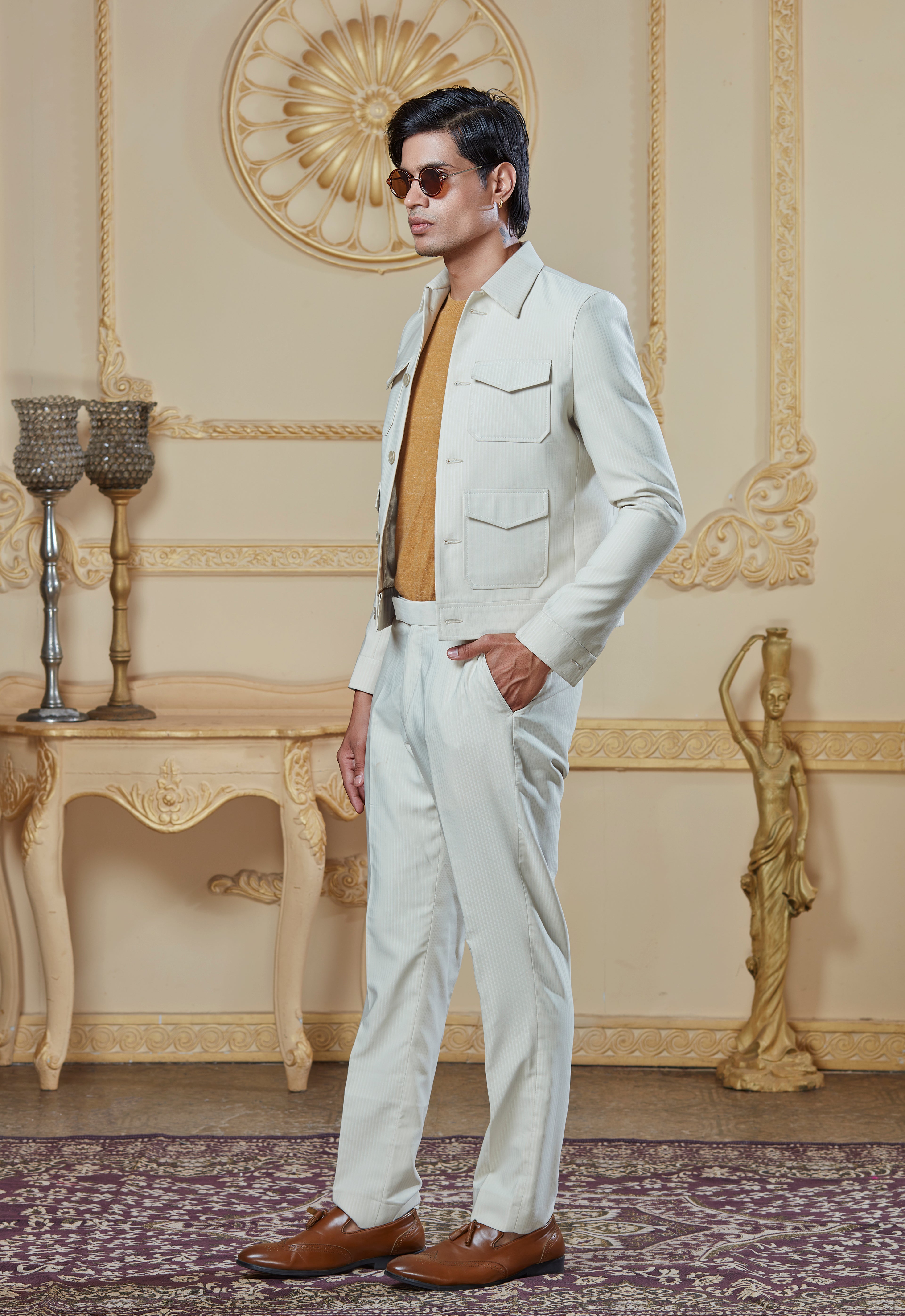 Cream Safari Jacket And Pant Set