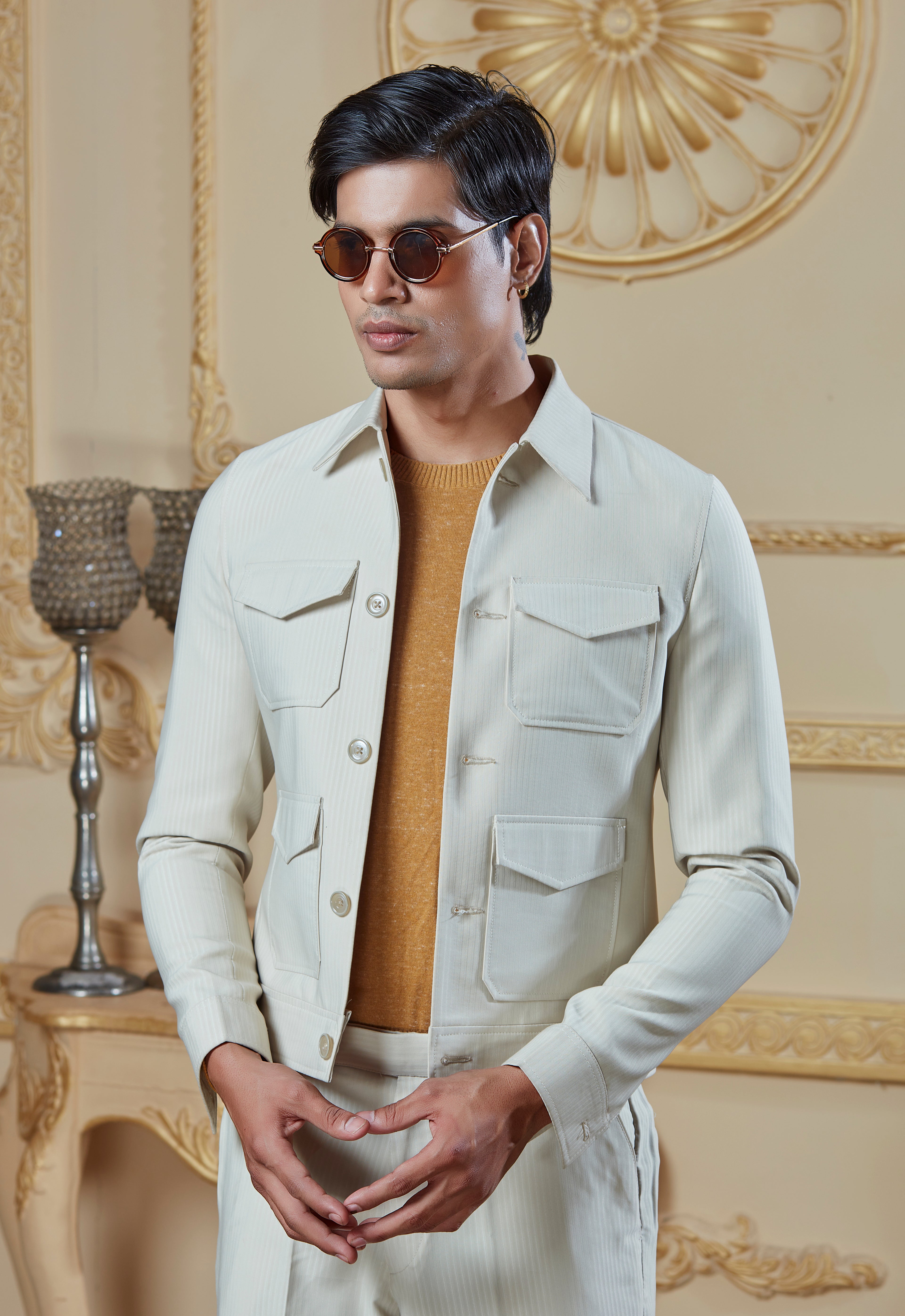 Cream Safari Jacket And Pant Set