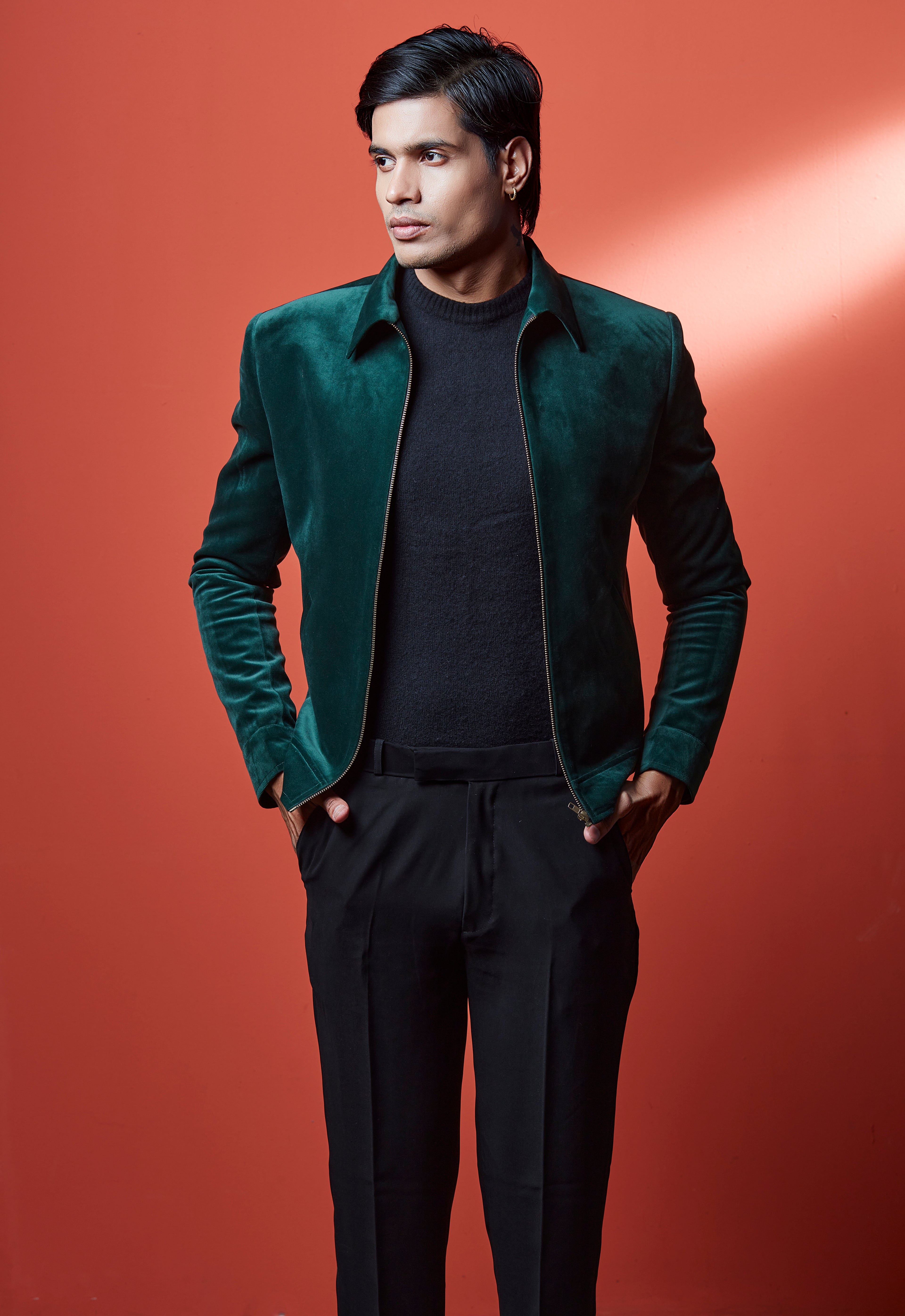 Green Velvet Bomber Jacket And Black Pant