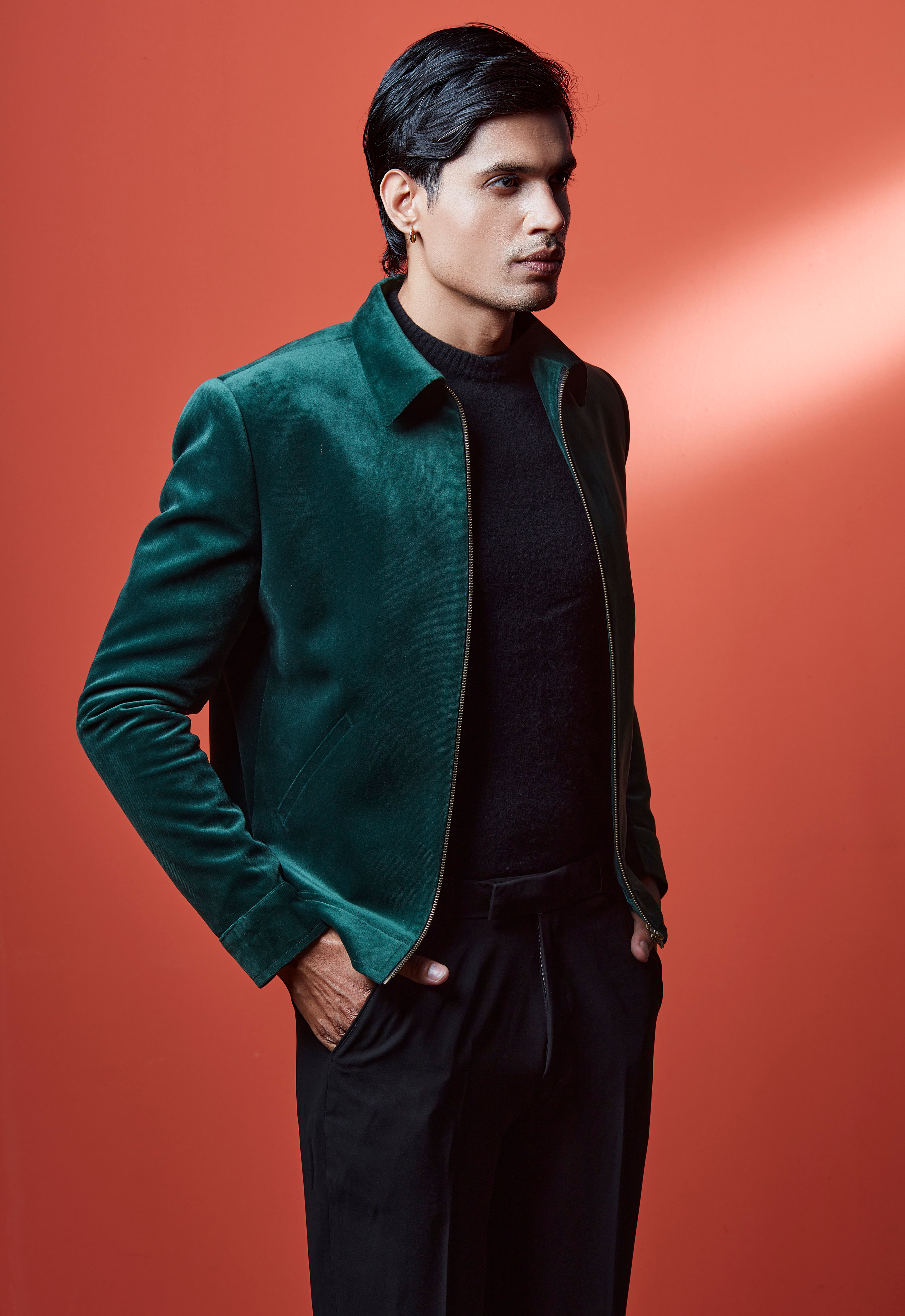 Green Velvet Bomber Jacket And Black Pant