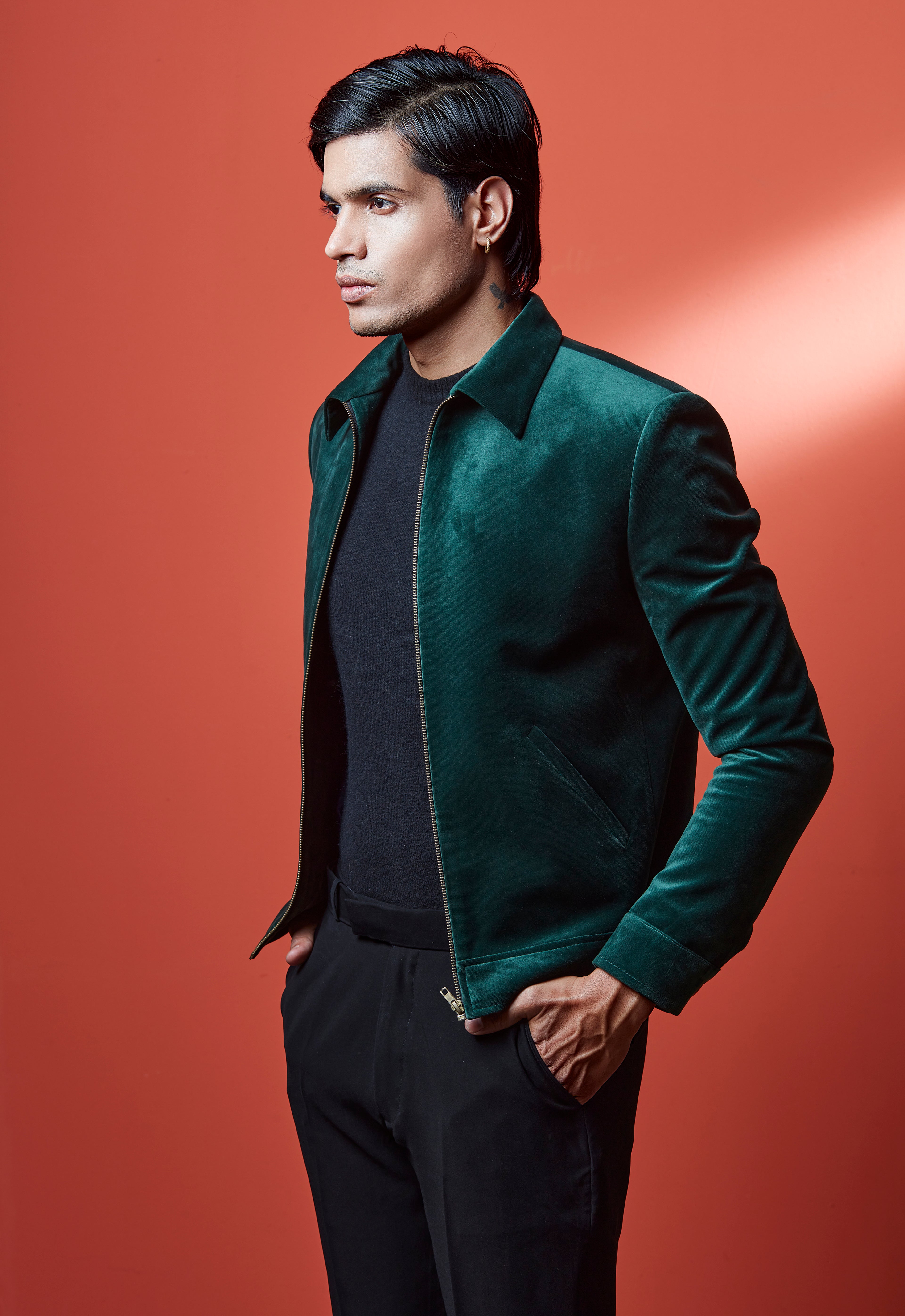 Green Velvet Bomber Jacket And Black Pant