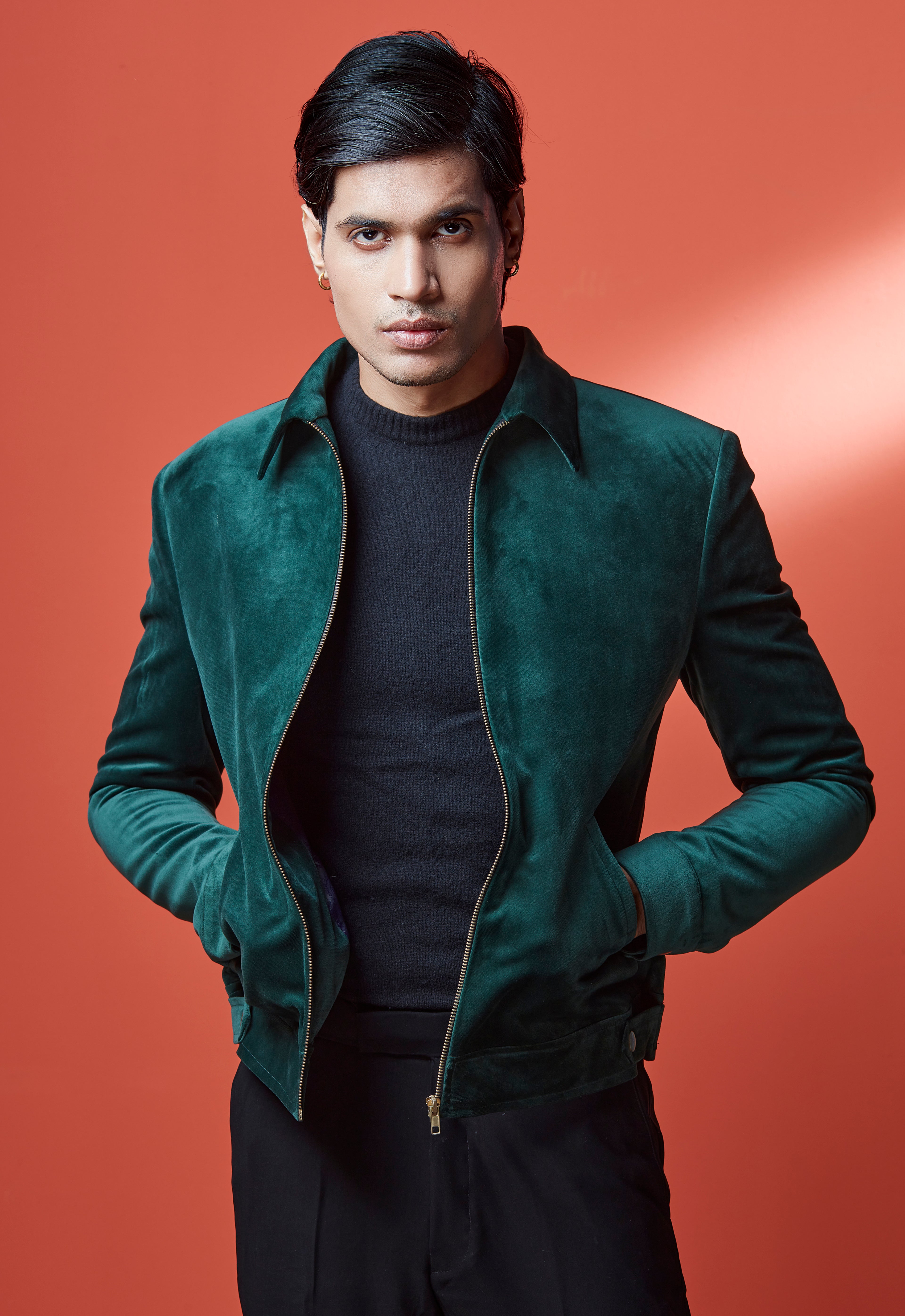 Green Velvet Bomber Jacket And Black Pant