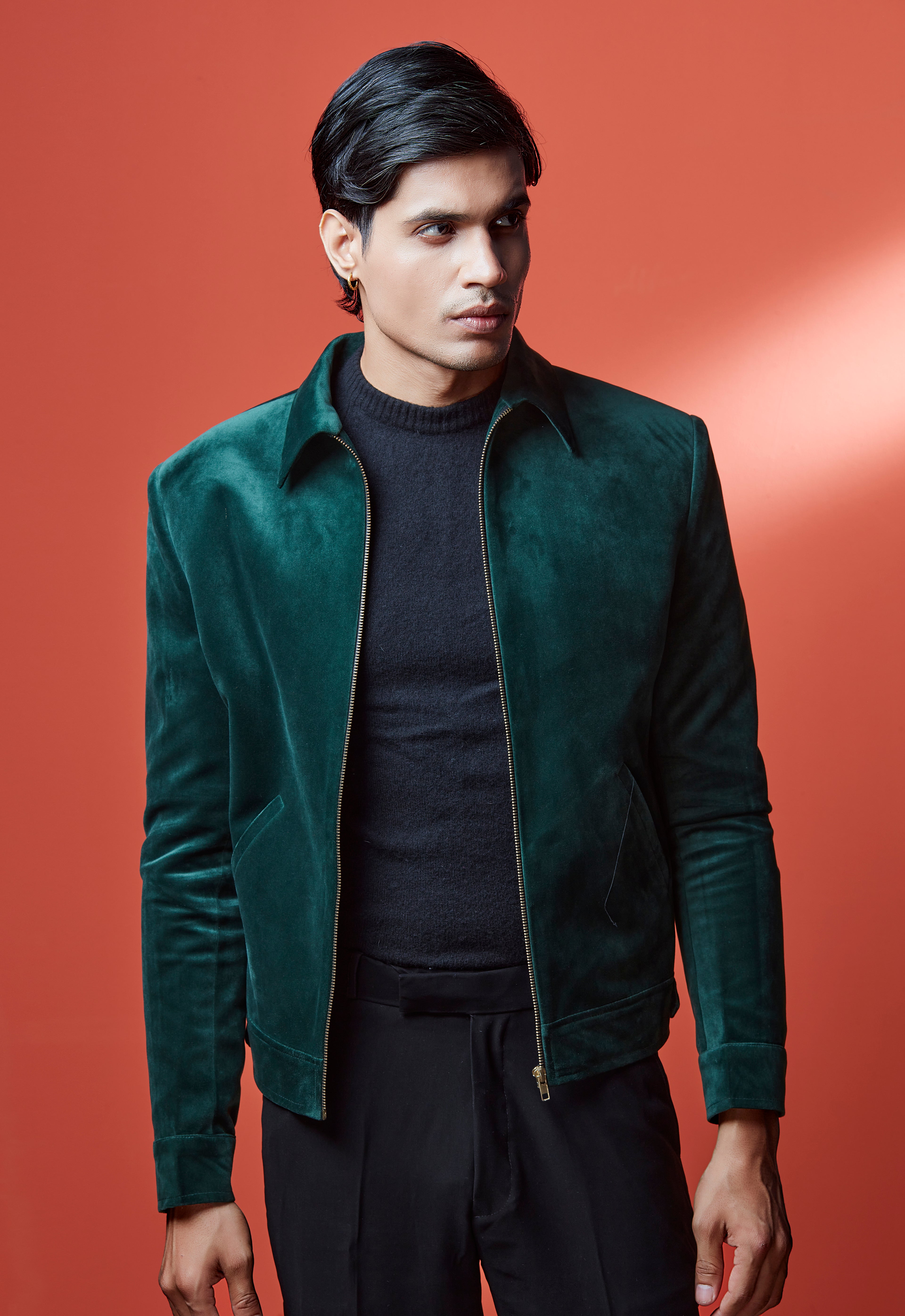 Green Velvet Bomber Jacket And Black Pant