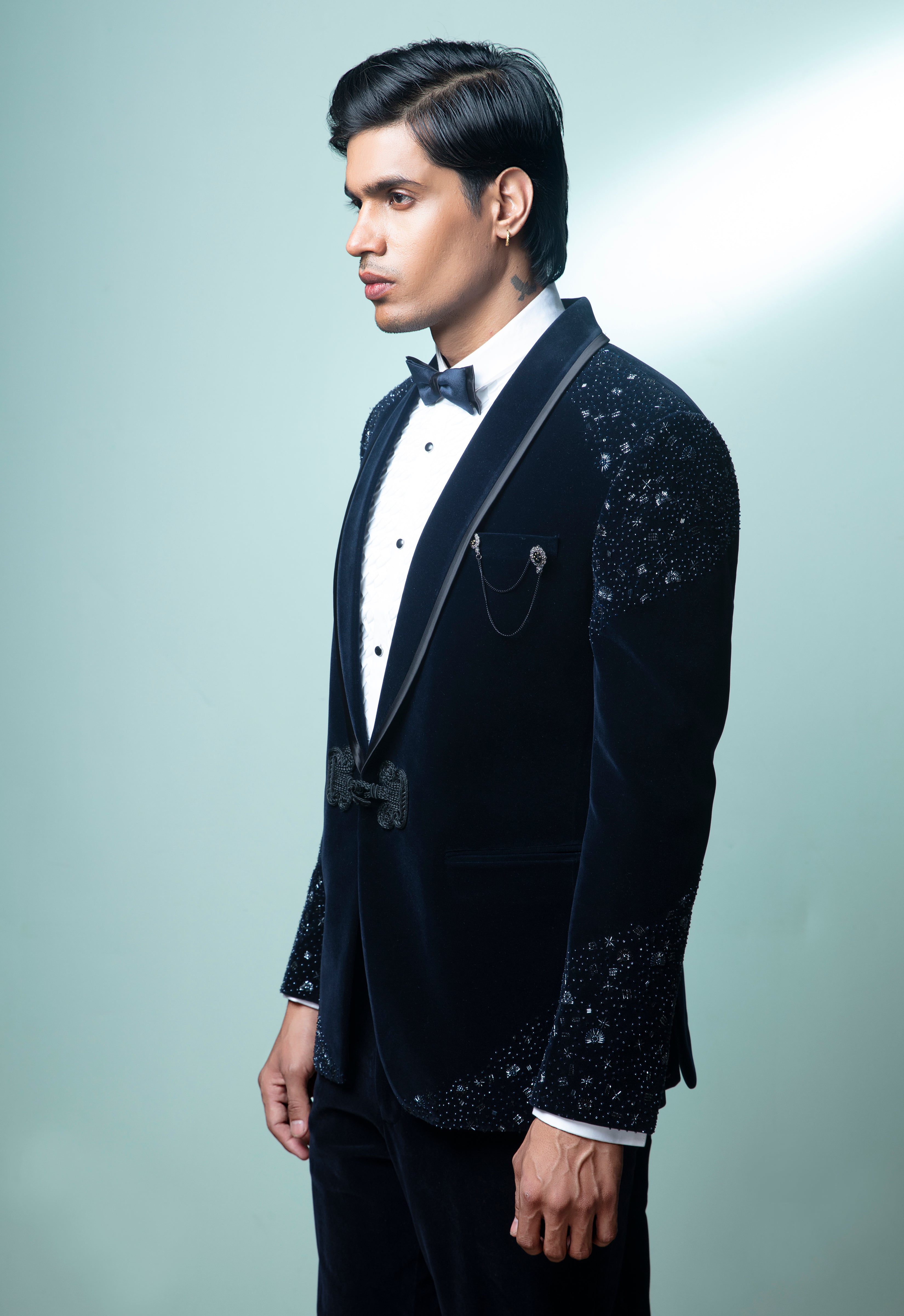 Navy Blue Embroidered Tuxedo Set