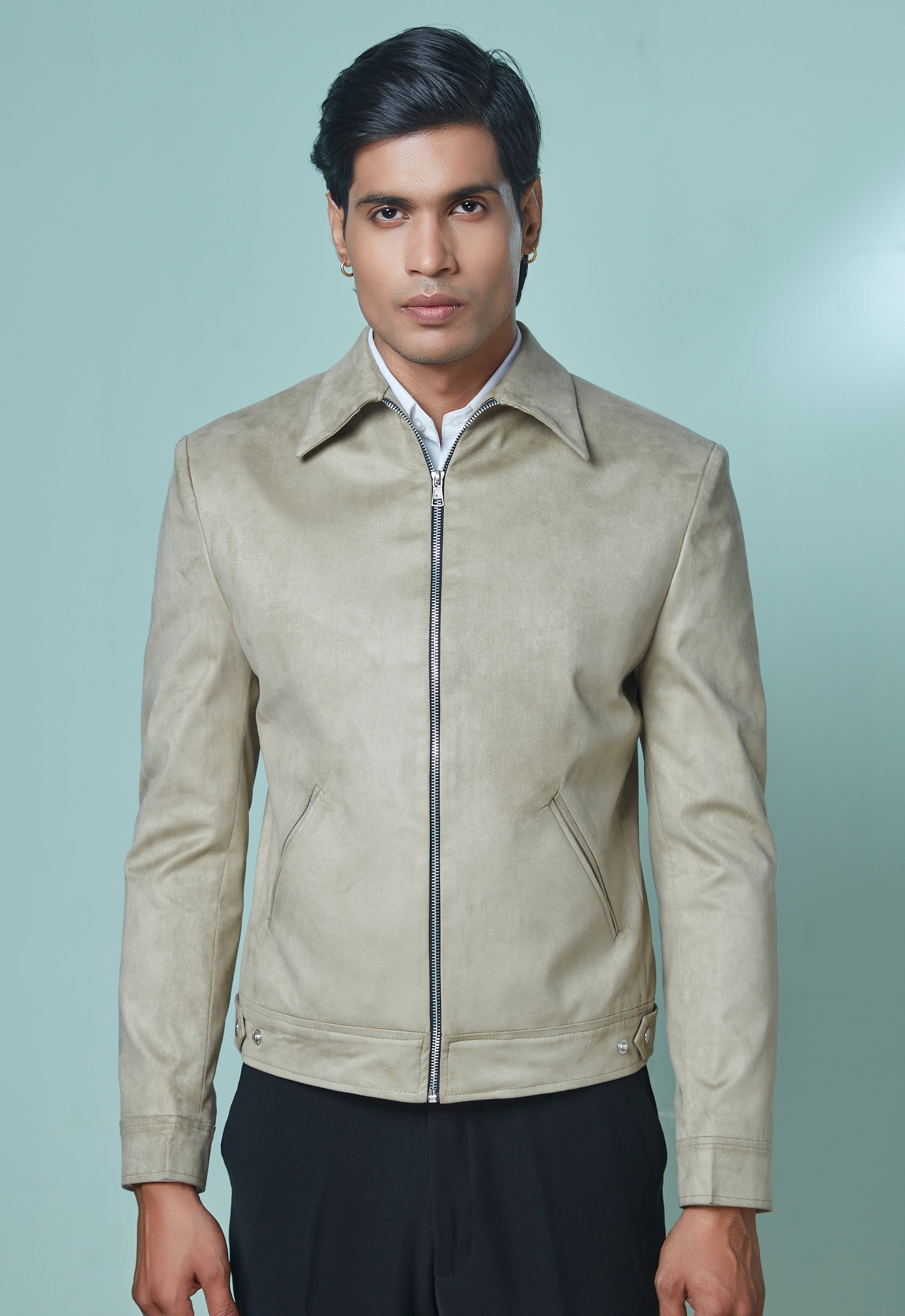 Beige Sued Bomber Jacket With Black Pant