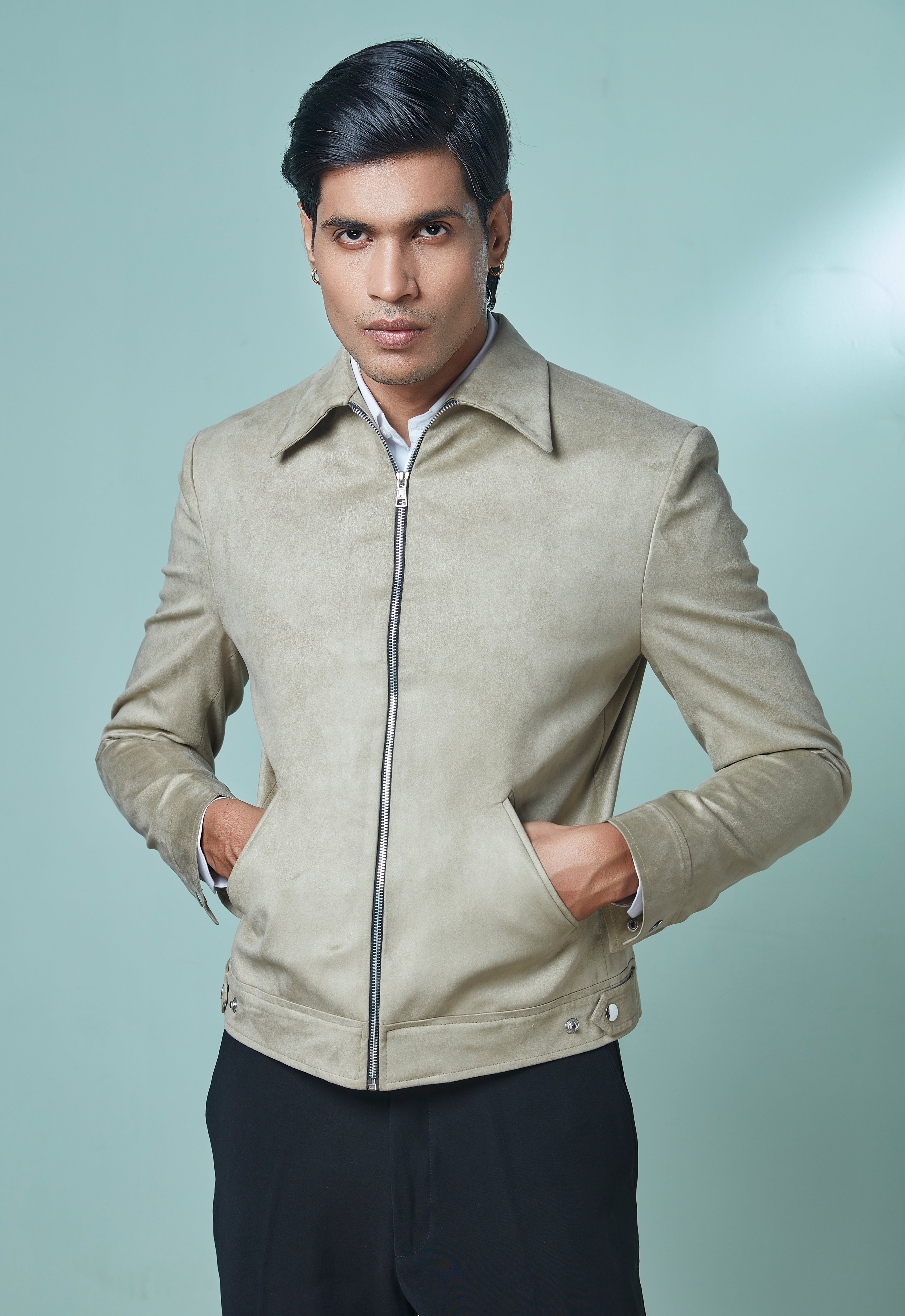 Beige Sued Bomber Jacket With Black Pant