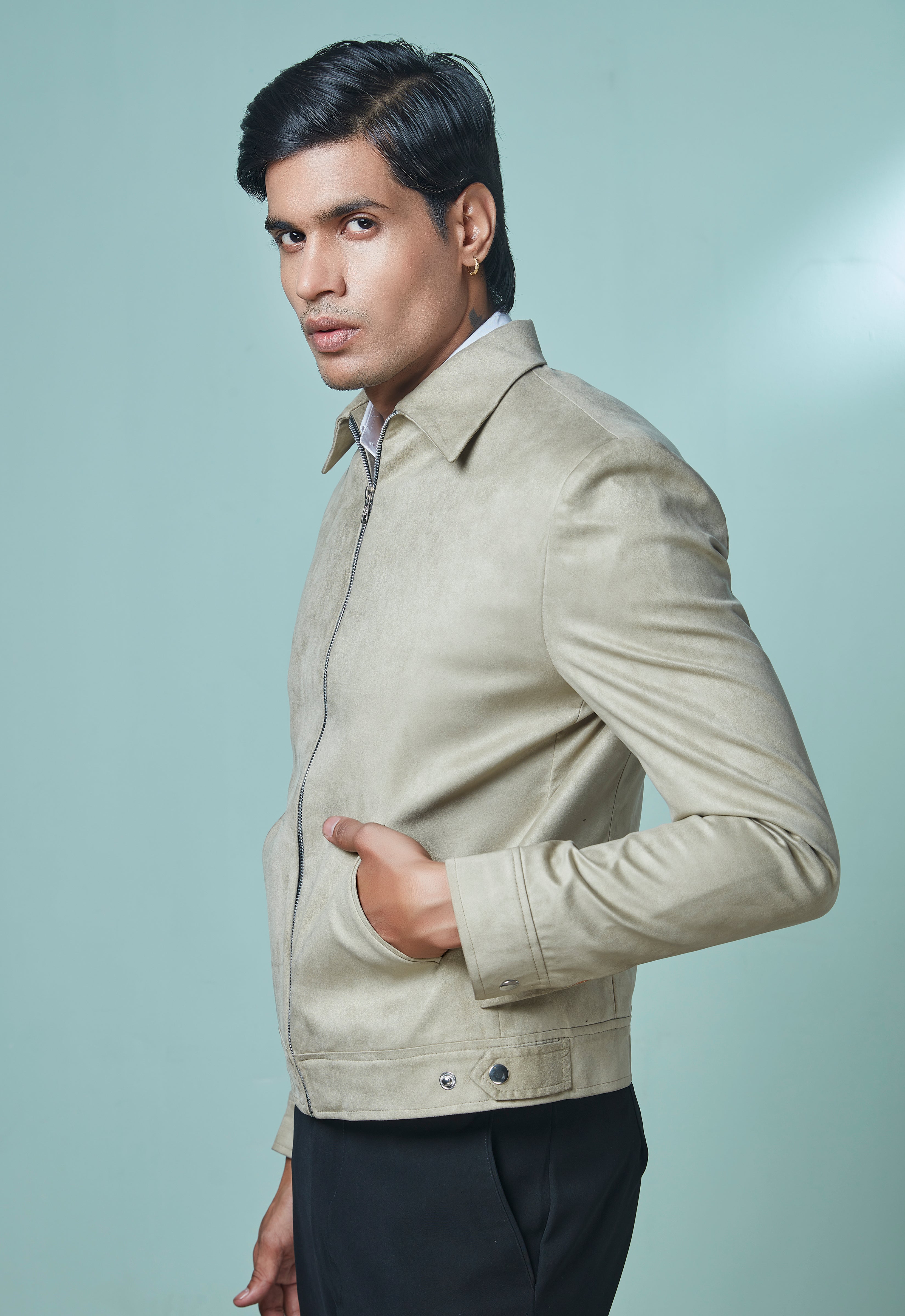 Beige Sued Bomber Jacket With Black Pant