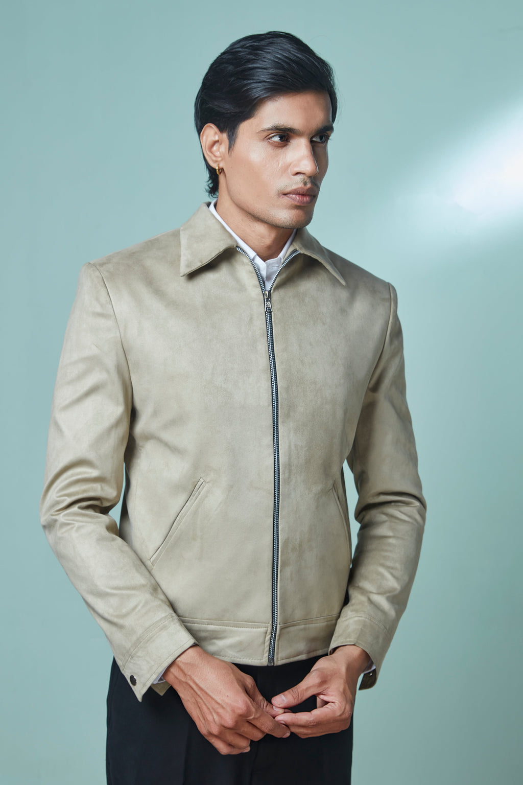Beige Sued Bomber Jacket