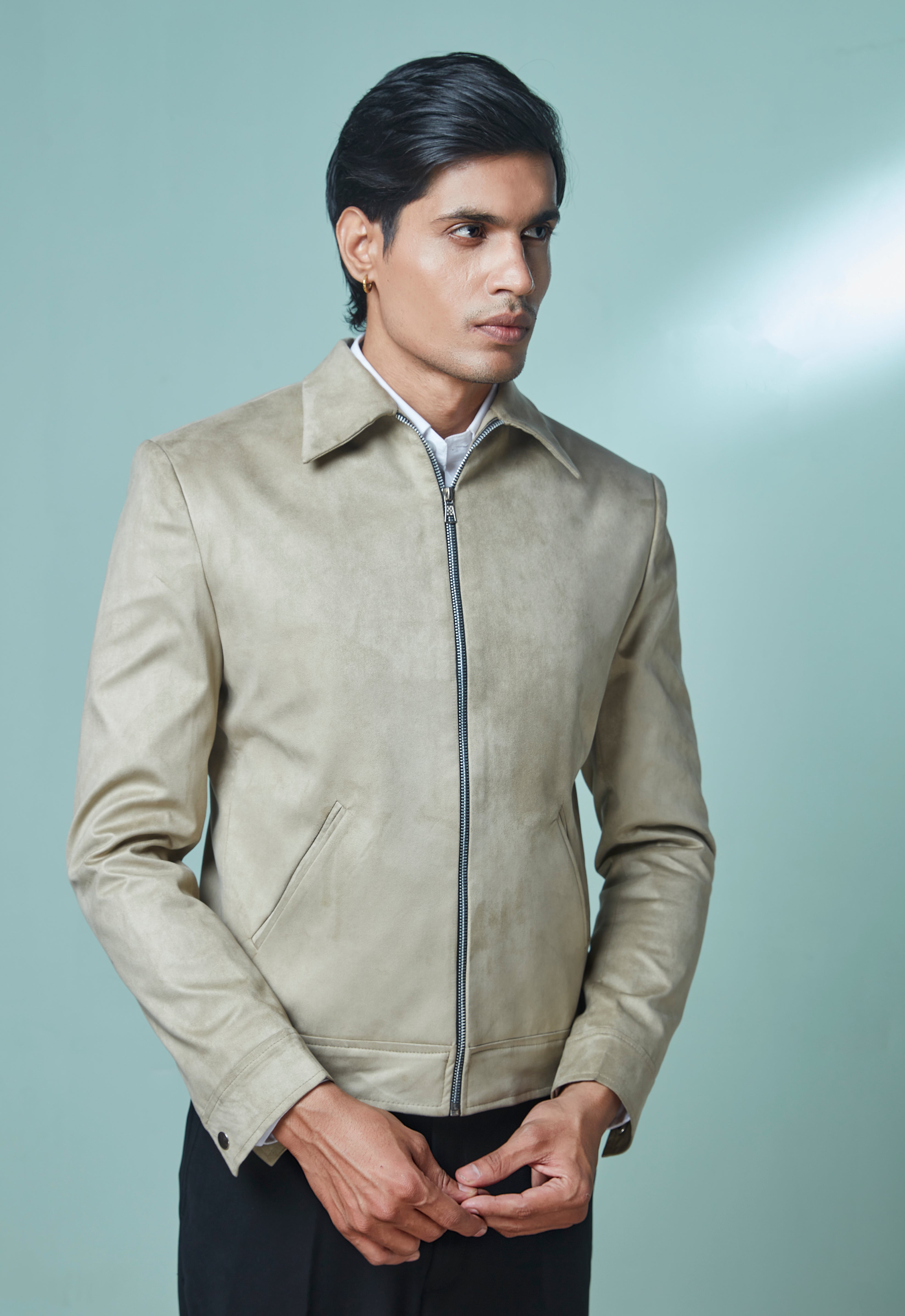 Beige Sued Bomber Jacket With Black Pant