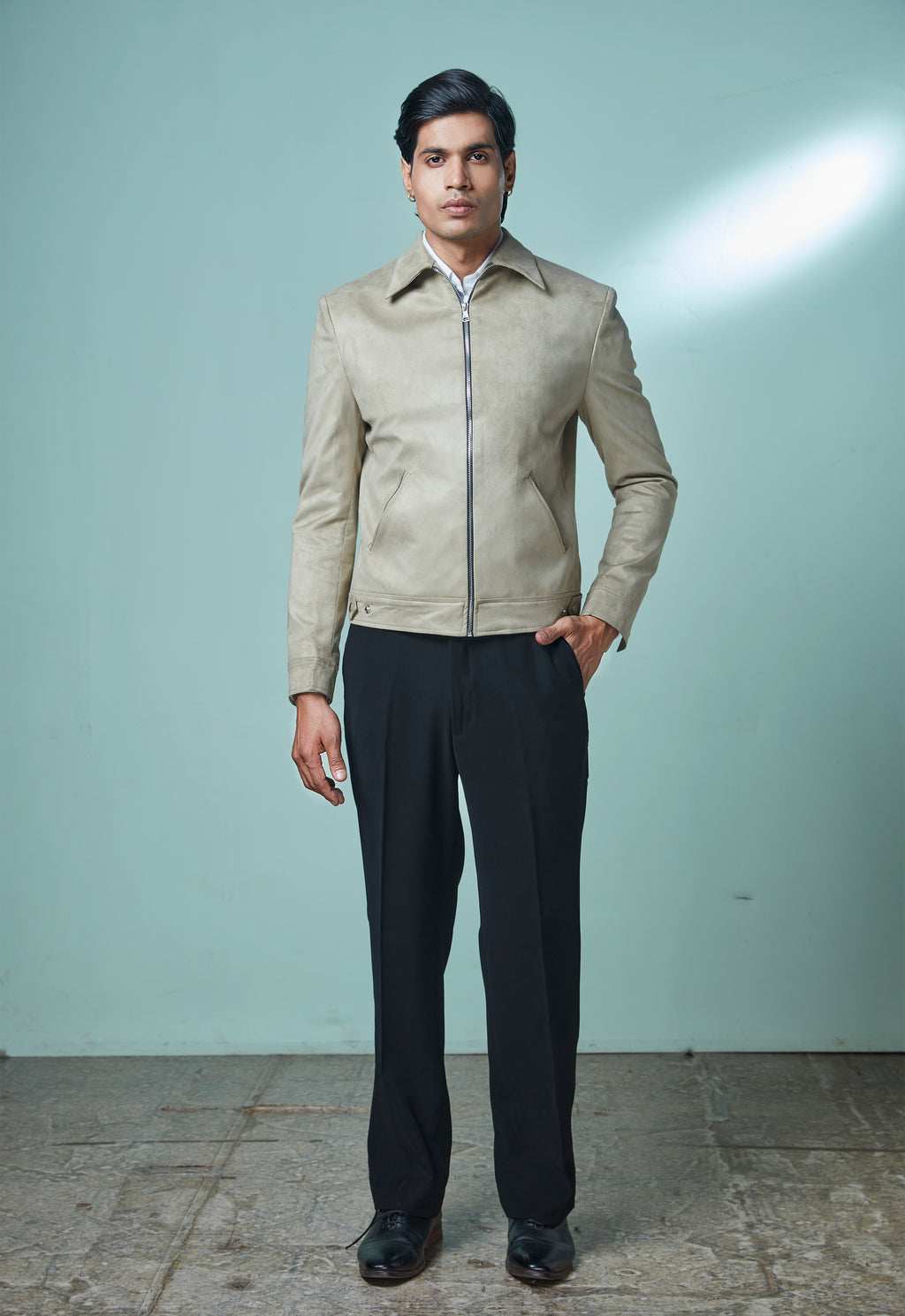 Beige Sued Bomber Jacket