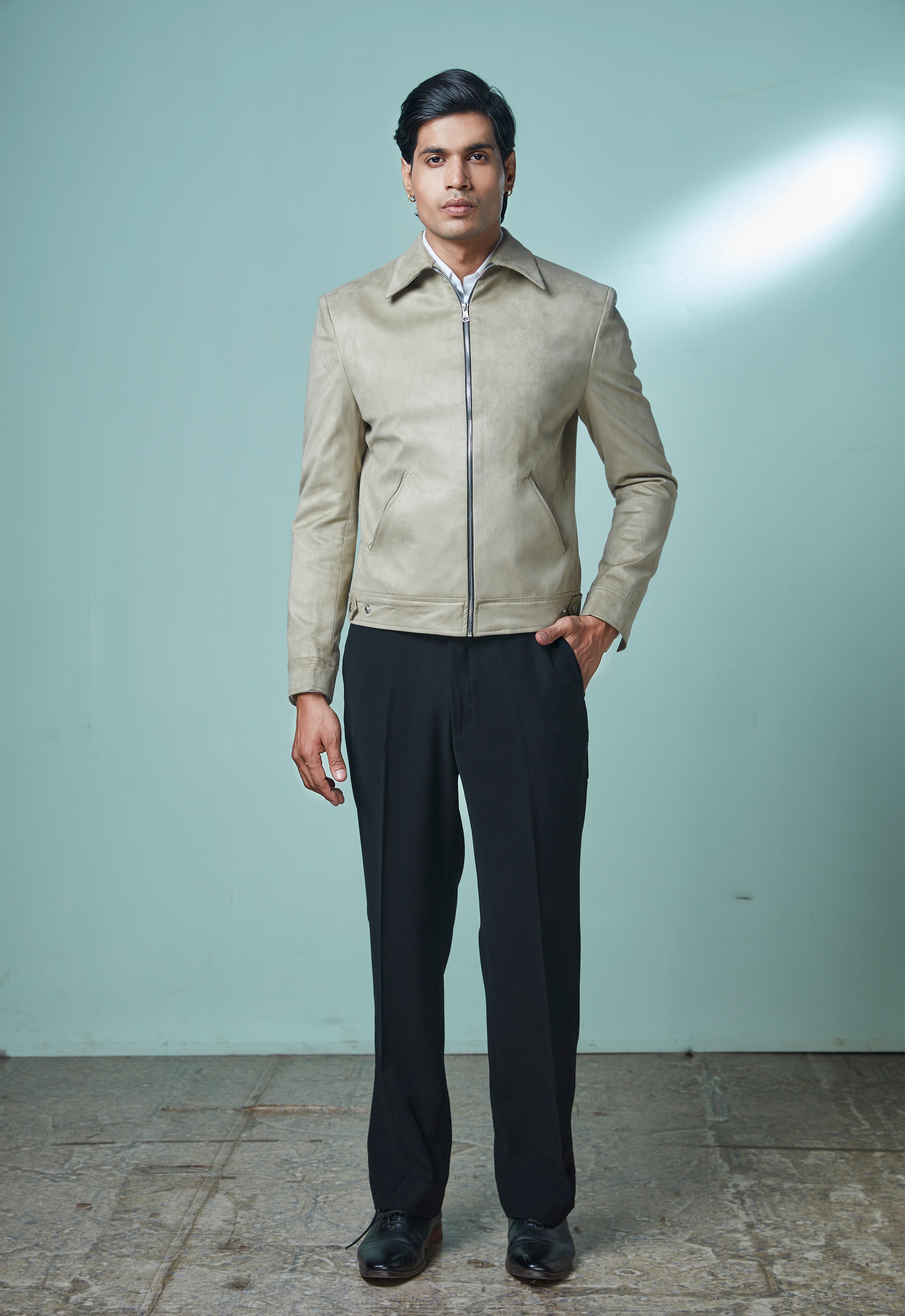 Beige Sued Bomber Jacket With Black Pant