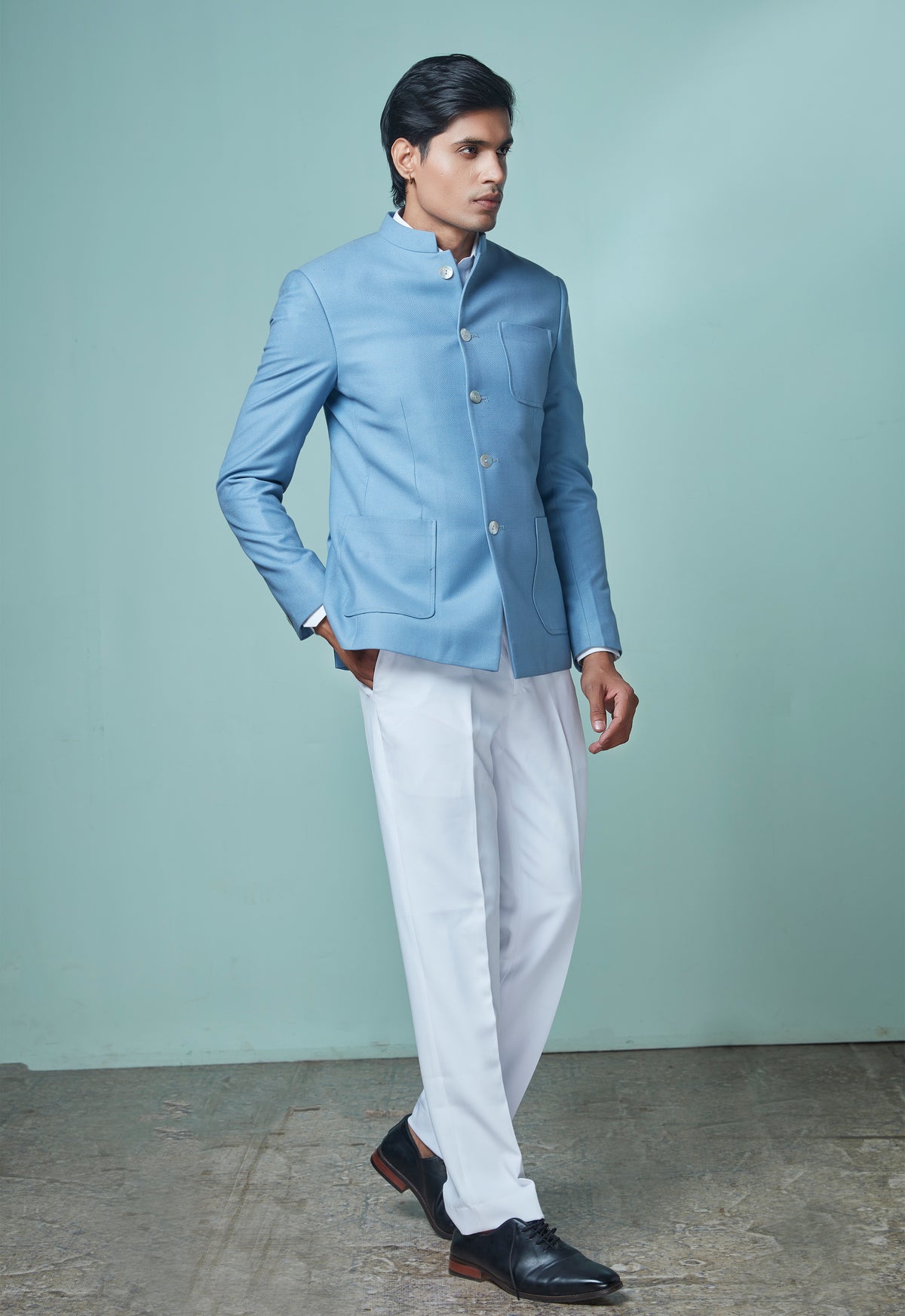 Light Blue Jodhpuri With White Pant