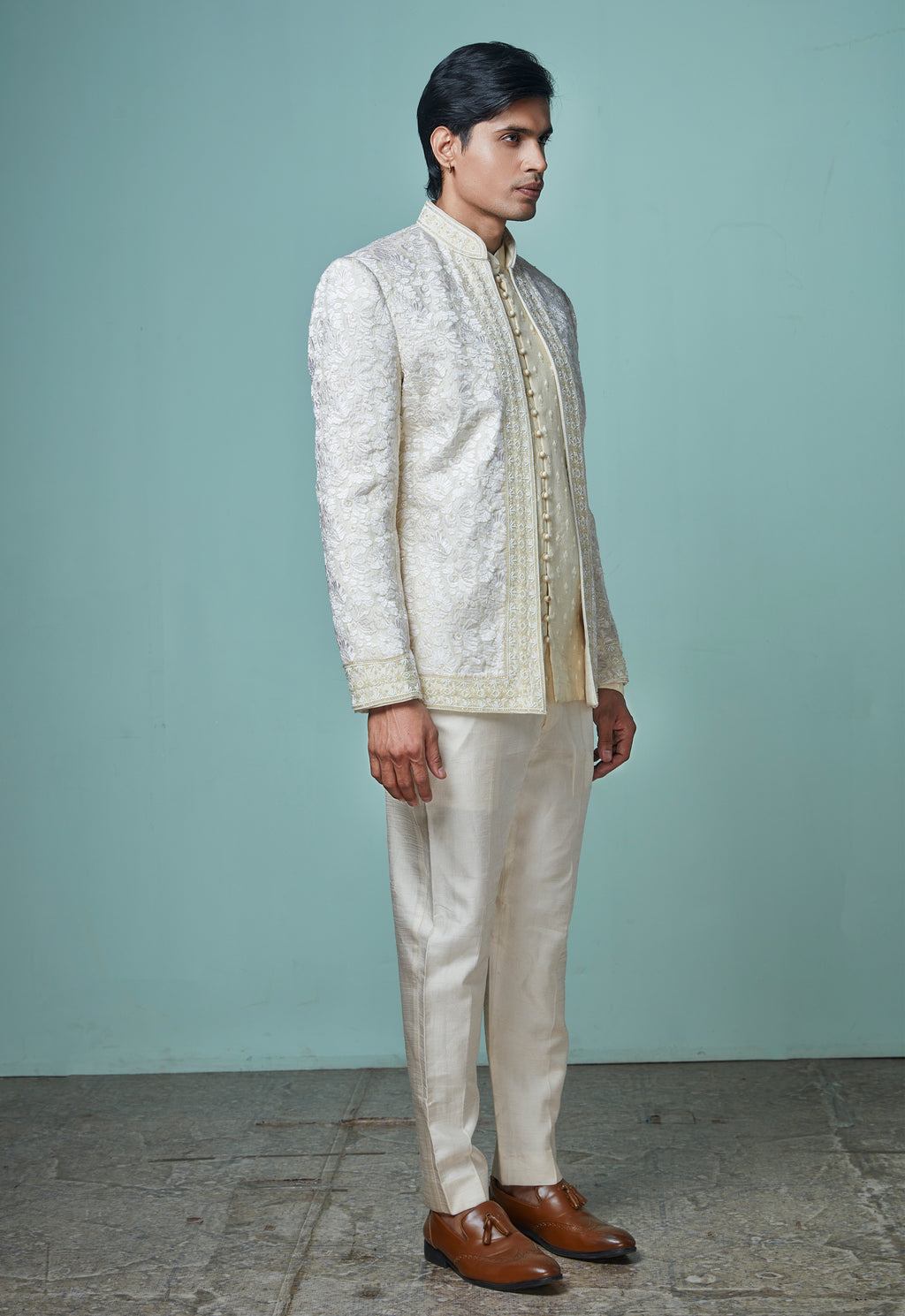 Off White Embroidered Open Jodhpuri Set