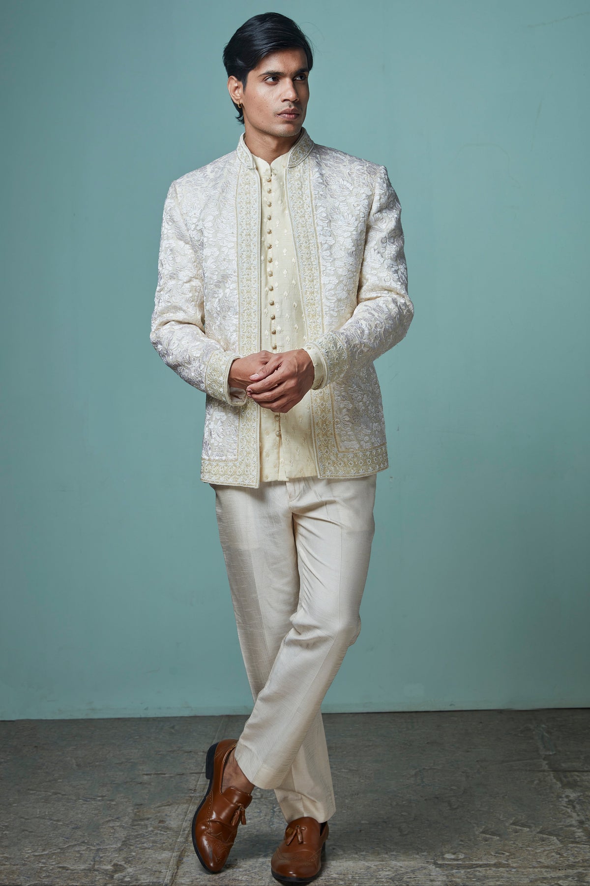 Off White Embroidered Open Jodhpuri Set