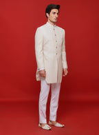 Ivory Creme Embroidered Diamond Cut Sherwani Set