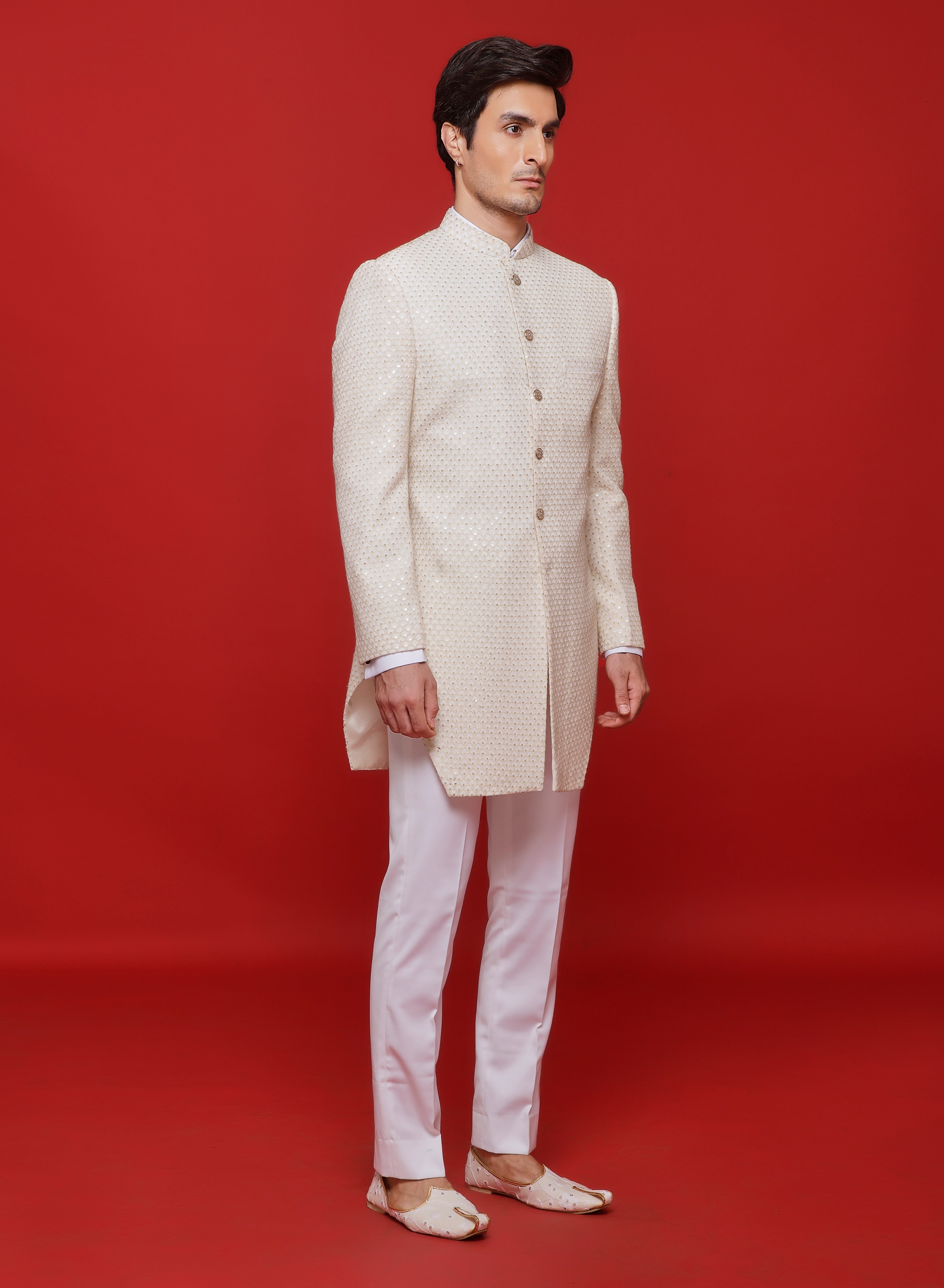 Ivory Creme Embroidered Diamond Cut Sherwani Set