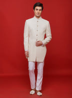 Ivory Creme Embroidered Diamond Cut Sherwani Set