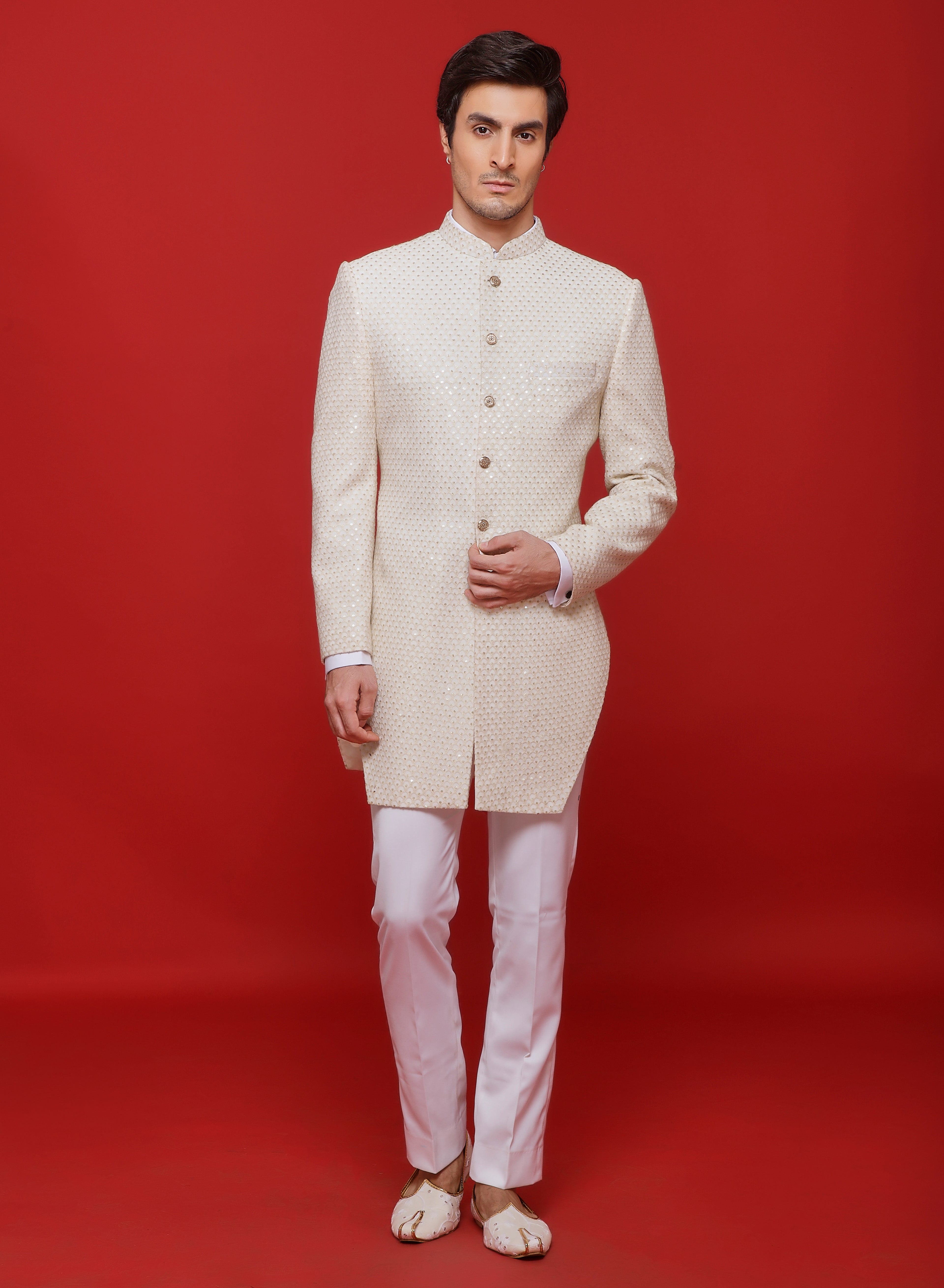 Ivory Creme Embroidered Diamond Cut Sherwani Set
