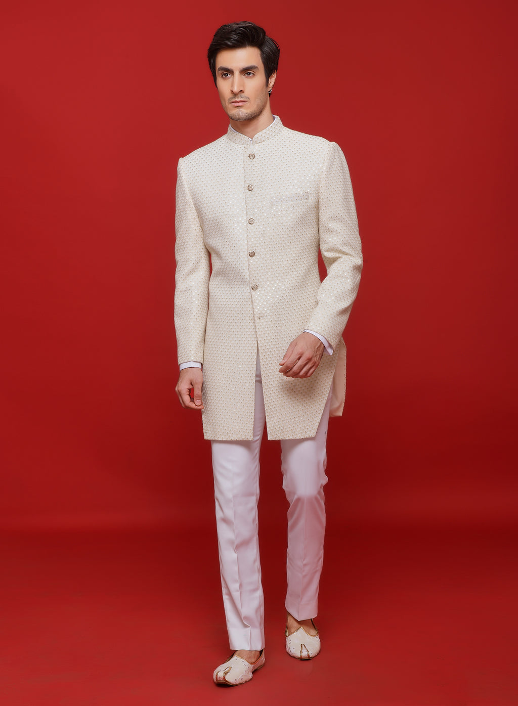 Ivory Creme Embroidered Diamond Cut Sherwani Set