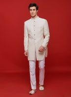 Ivory Creme Embroidered Diamond Cut Sherwani Set