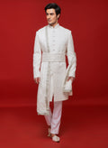 White Geometric Embroidered Sherwani Set