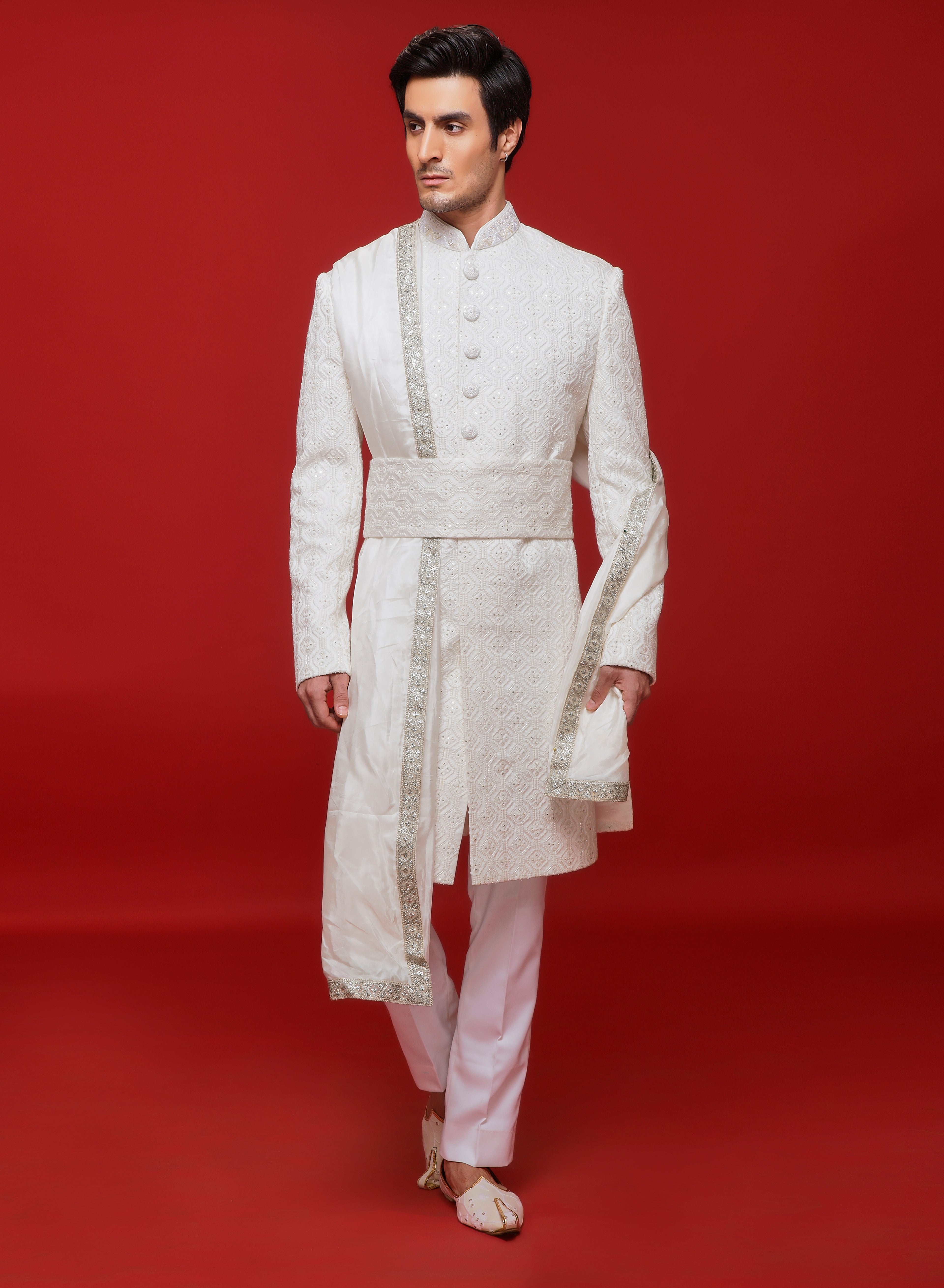 White Geometric Embroidered Sherwani Set