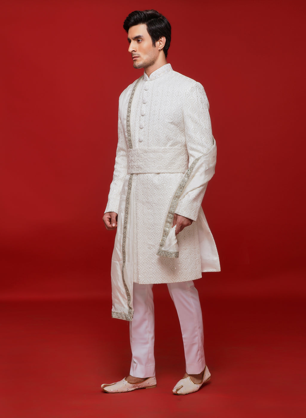 White Geometric Embroidered Sherwani Set