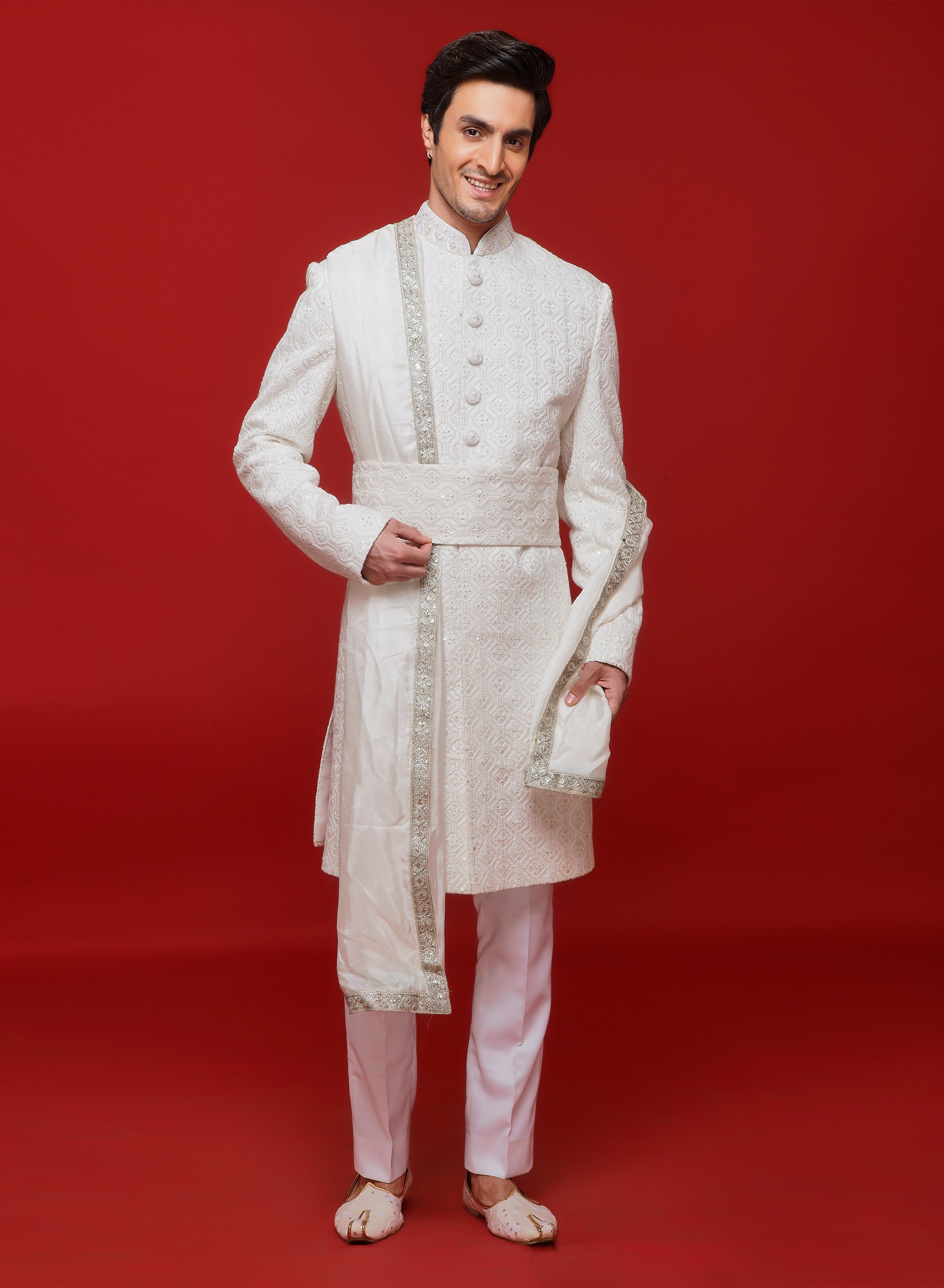 White Geometric Embroidered Sherwani Set