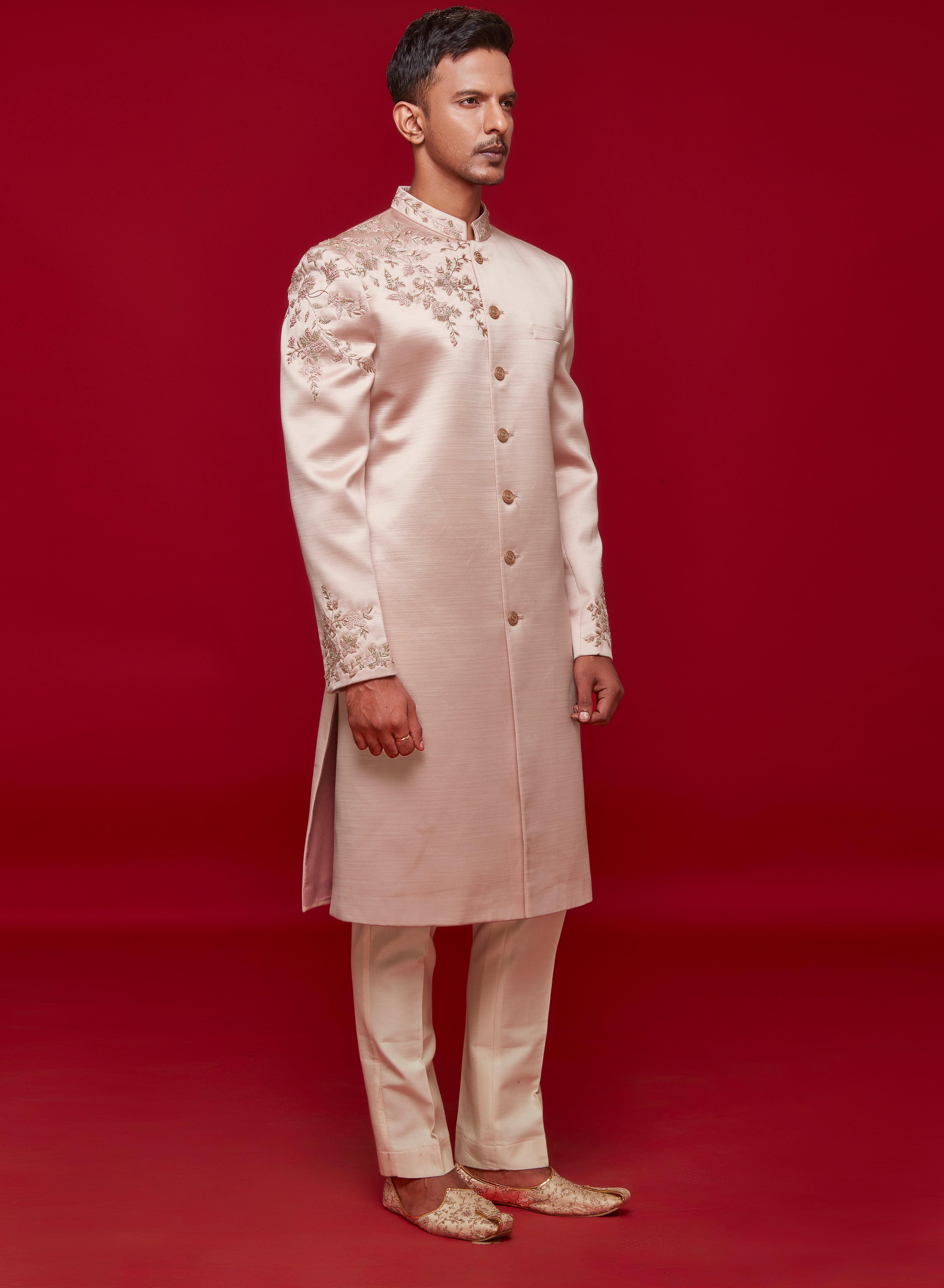 Blush Pink Satin Silk Sherwani Set
