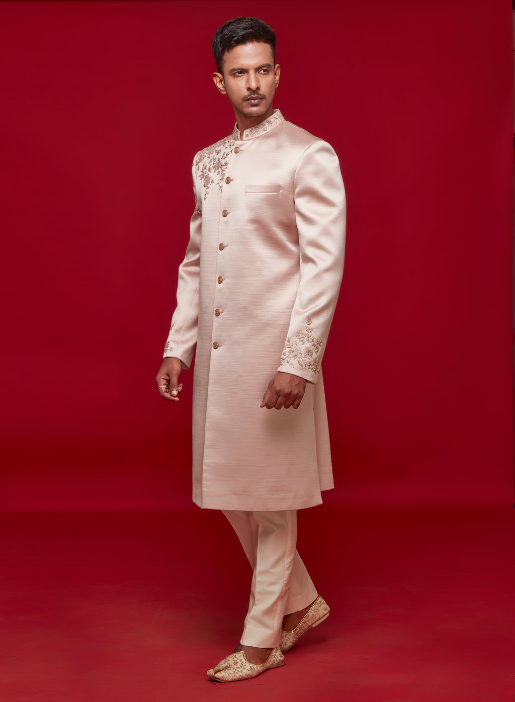 Blush Pink Satin Silk Sherwani Set
