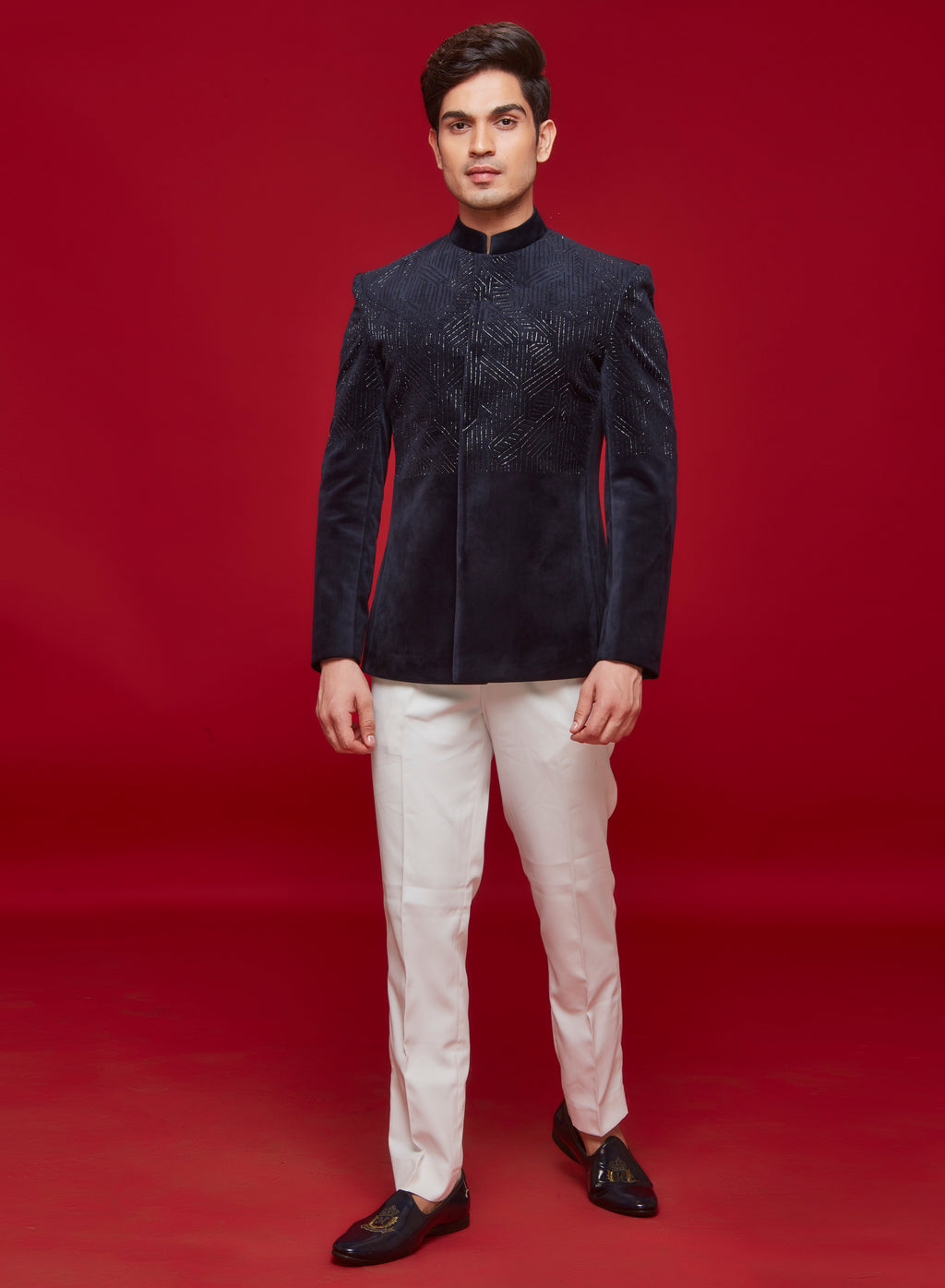Blue Velvet Torso Embroidered Jodhpuri Set