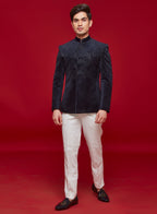 Blue Velvet Torso Embroidered Jodhpuri Set