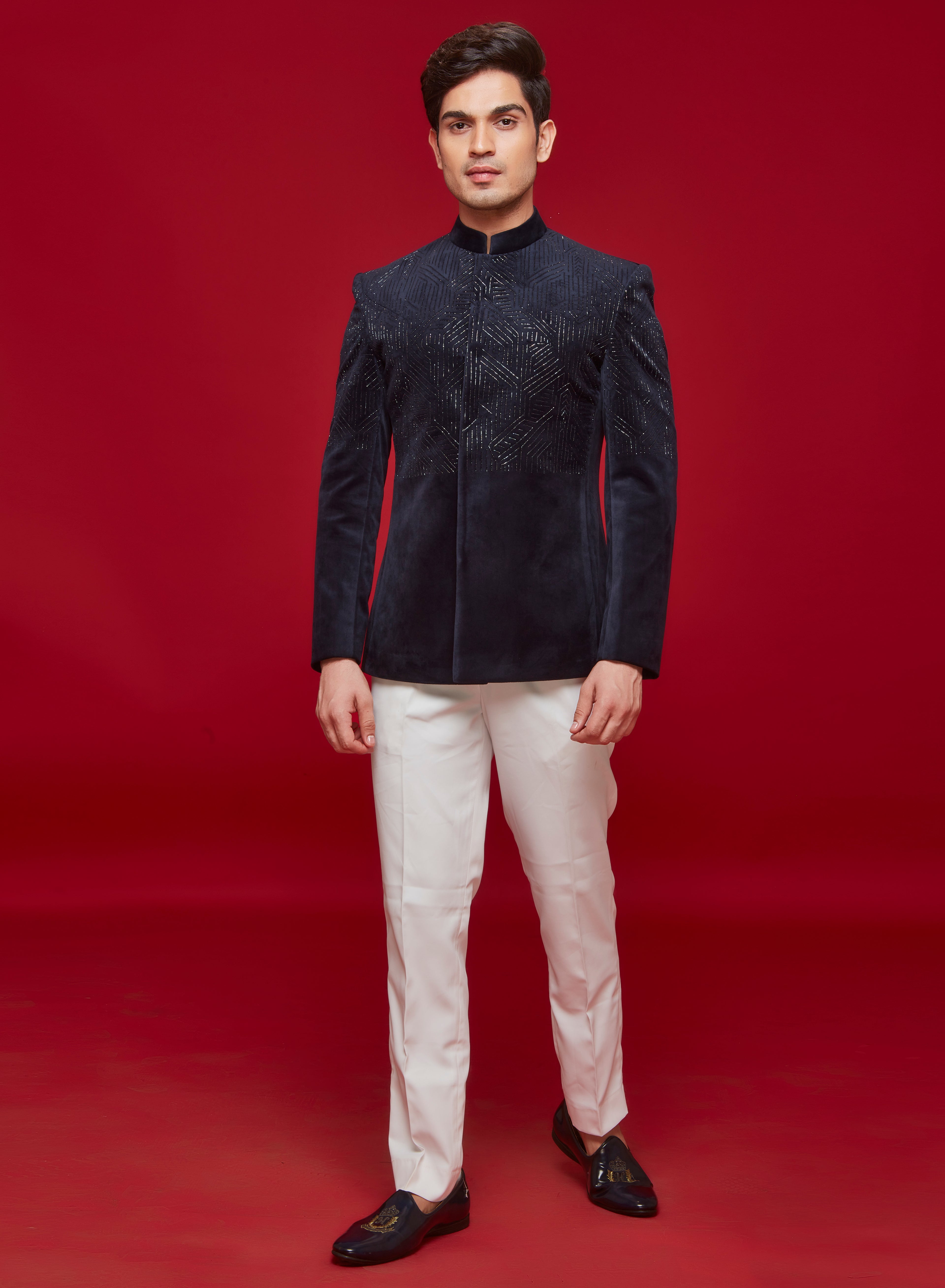 Blue Velvet Torso Embroidered Jodhpuri Set