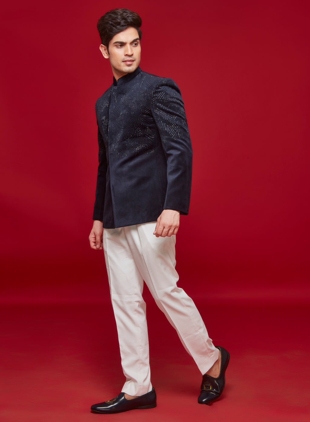 Blue Velvet Torso Embroidered Jodhpuri Set