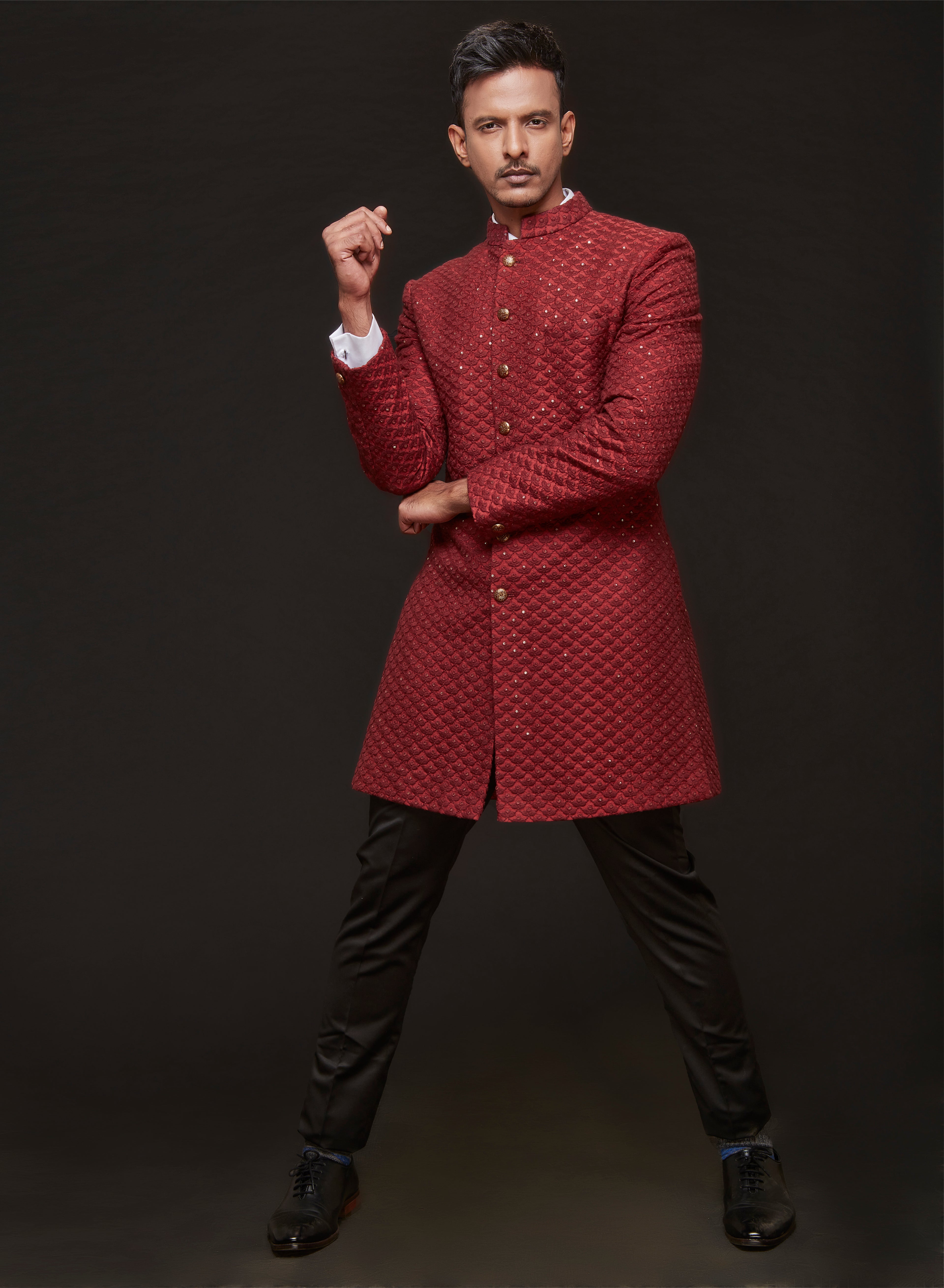 Wine Sherwani Set