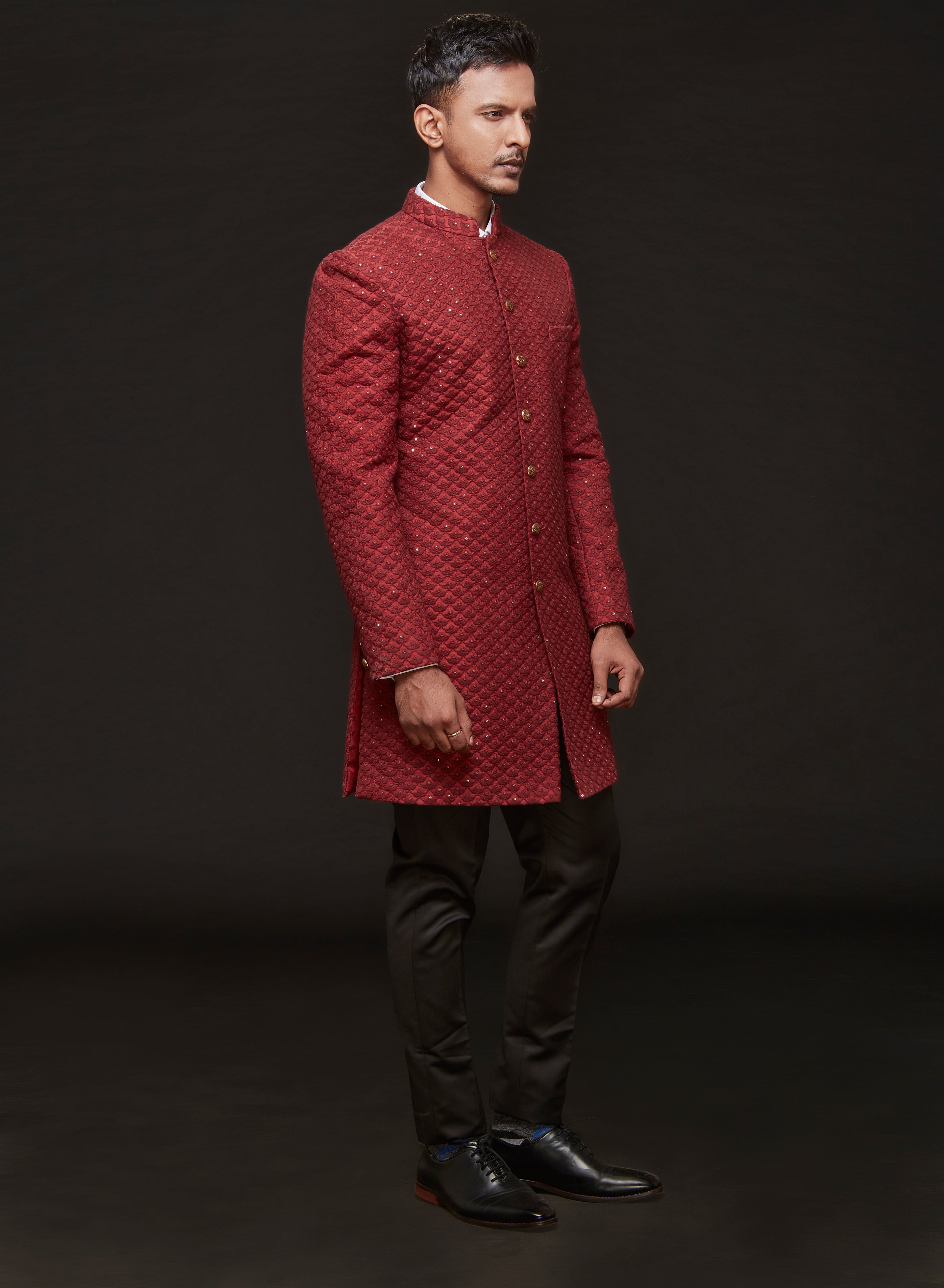 Wine Sherwani Set