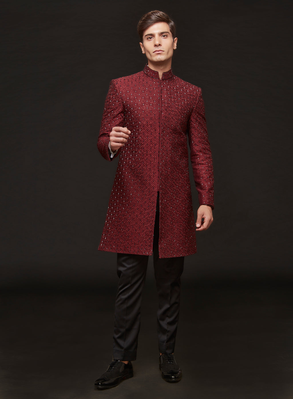 Wine Red Embroidered Concelled Indowestern Set